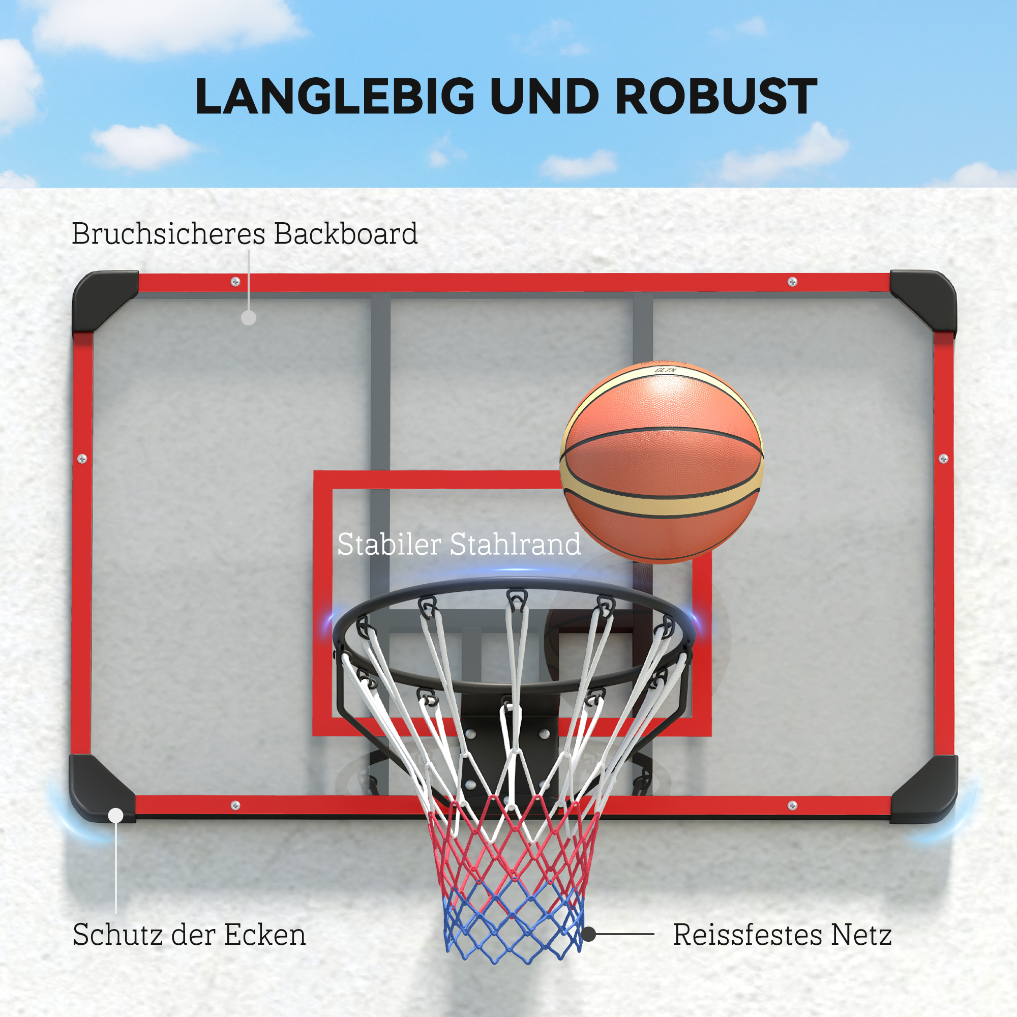 Basketballkorb für Wandmontage, Innen/Außen, robuste PC-Rückwand, Nylonnetz, Stahlring, 113x61x73 cm