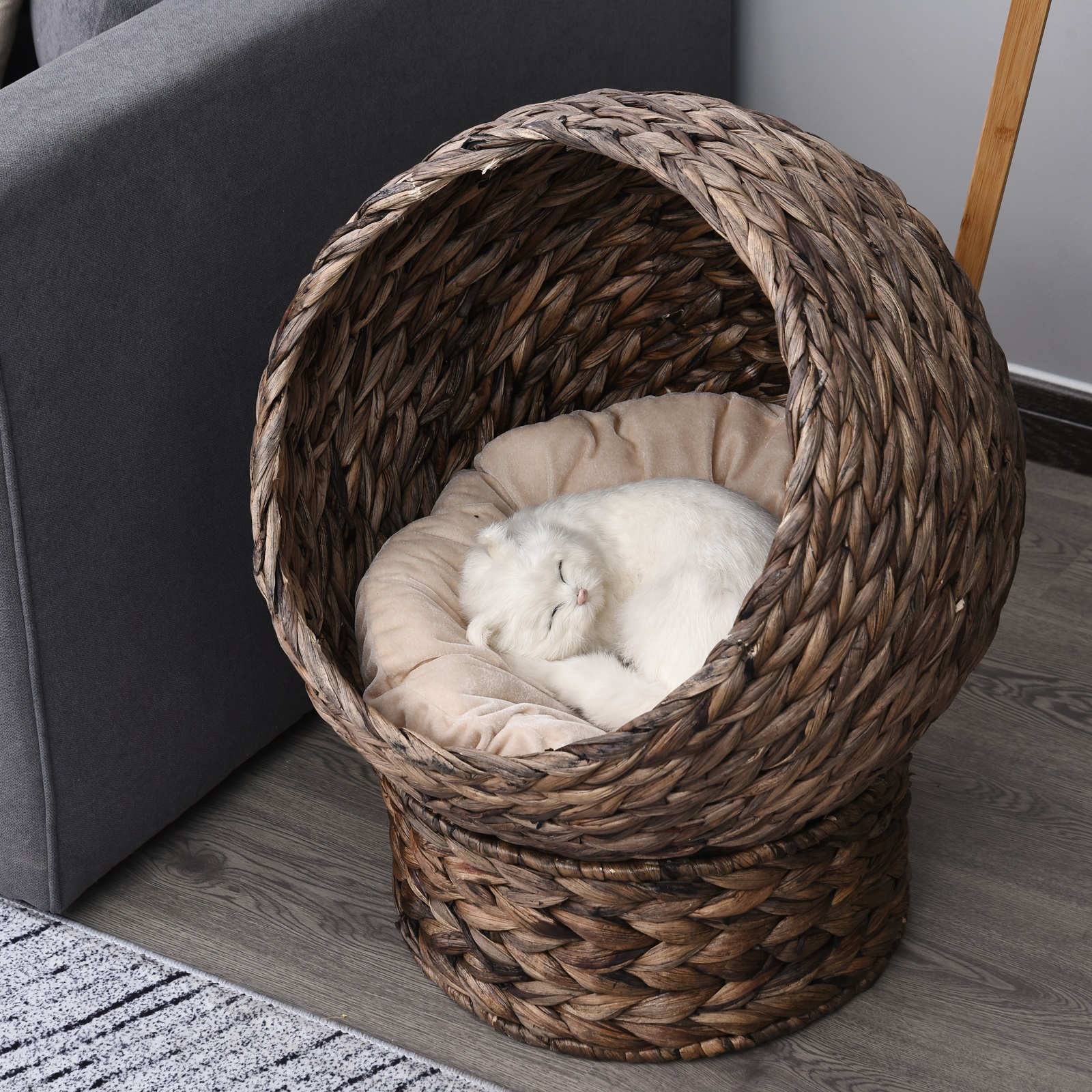 Katzenkorb aus Wasserhyazinthe inkl. Kissen, Katzenbett, Haustierbett,50 cm x 42 cm x 60 cm, Braun + Beige