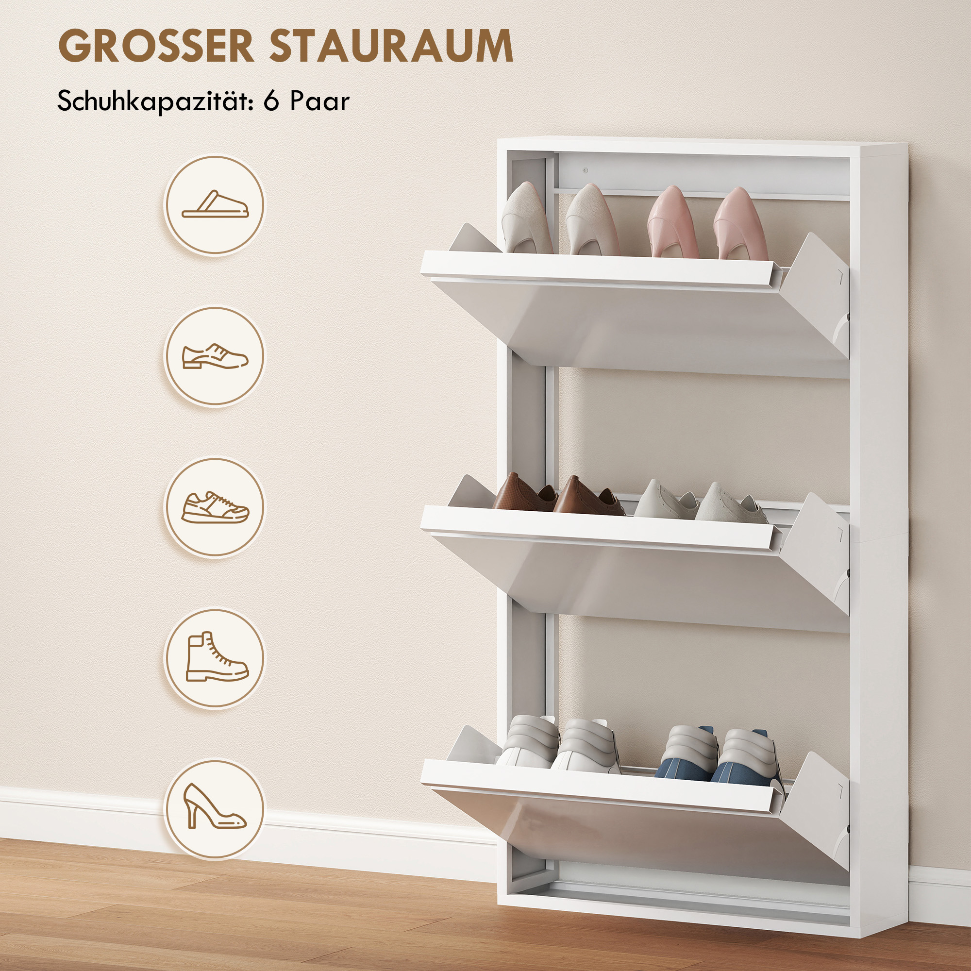 Metall-Schuhschrank mit 3 Klappfächern, schlanker Schuhschrank, wandmontiert, für 6 Paar Schuhe, Weiß