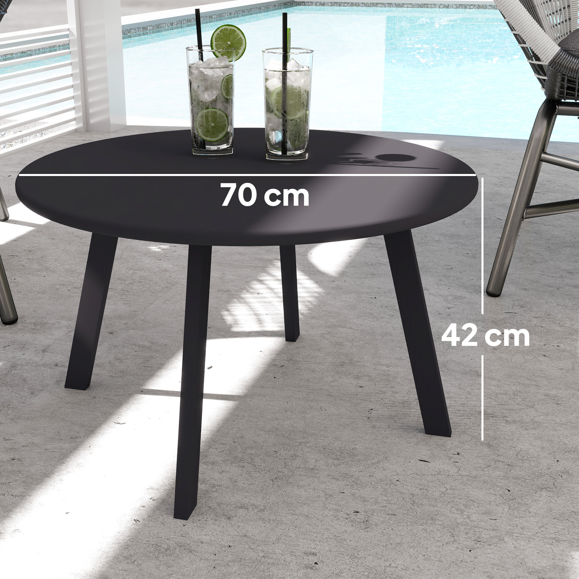 Beistelltisch Balkontisch aus Metall Rund Kaffeetisch wetterfest Gartentisch Ø70 x 42H cm Schwarz
