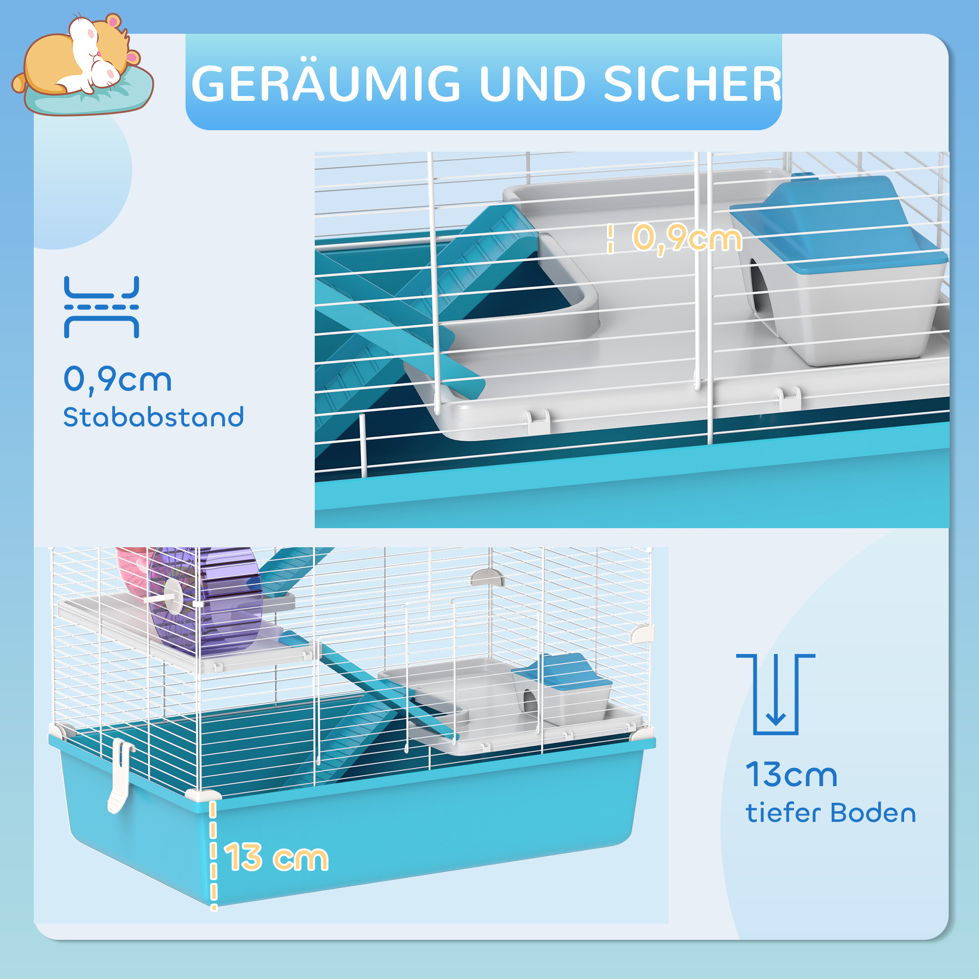6-stöckiger Hamsterkäfig mit Röhren, Tunnels, Hütte, Laufrad, Futterschale, Wasserflasche, Rampen, Hellblau
