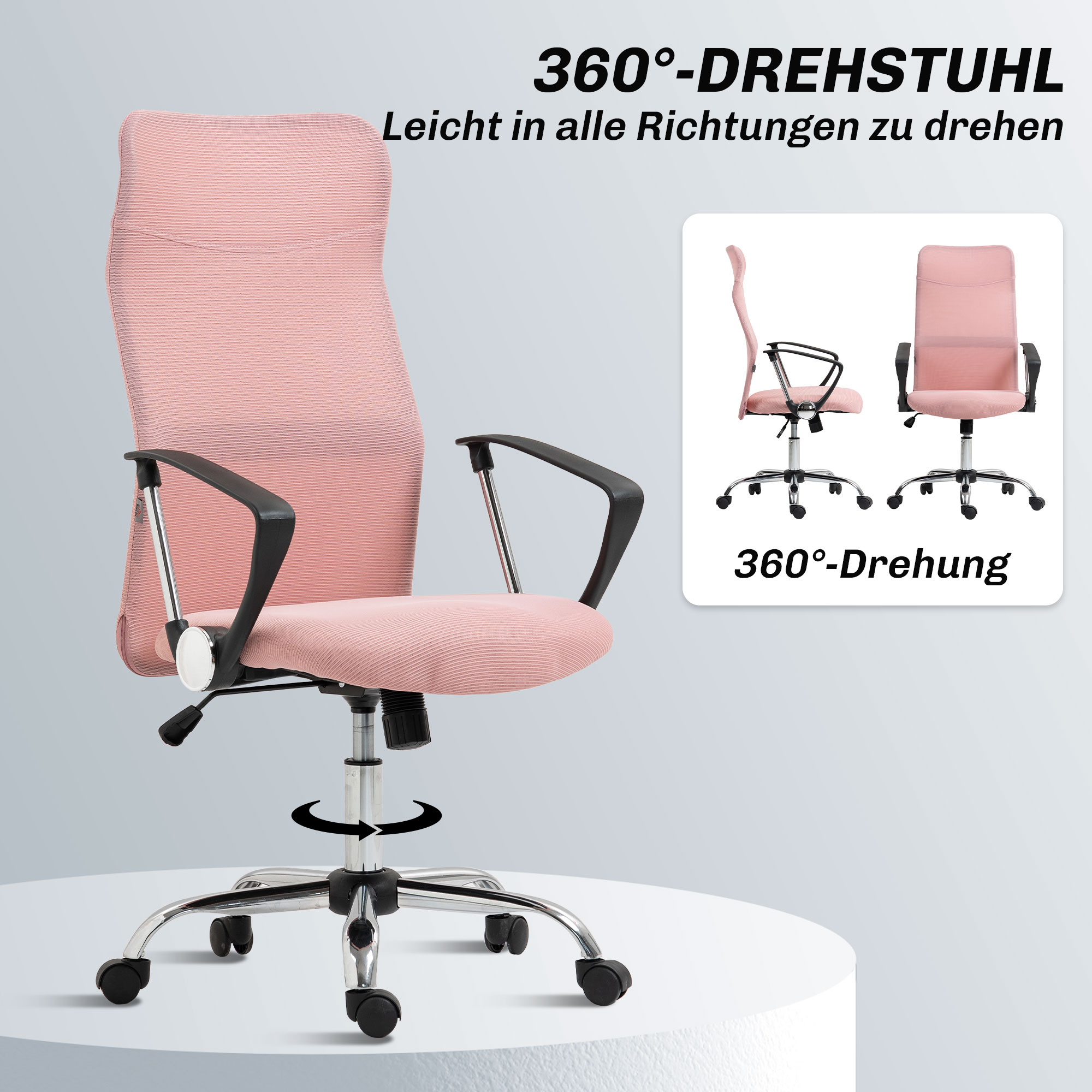 Ergonomischer Bürostuhl Höhenverstellbarer Drehstuhl mit Wippfunktion, Netzbespannung, 63 x 65 x 109-119 cm Rosa