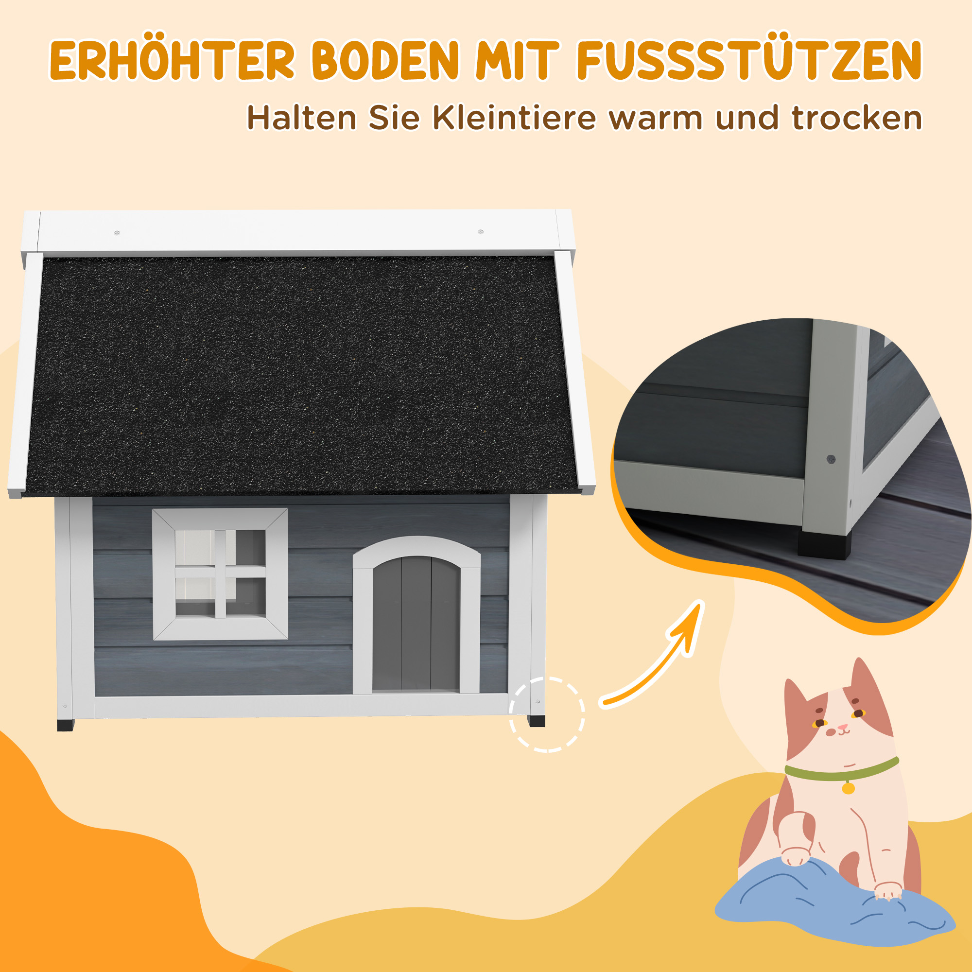 Katzenhaus, wetterfest, mit Fenster, 77x57,5x68cm (außer Asphaltdach), Grau/Weiß/Schwarz