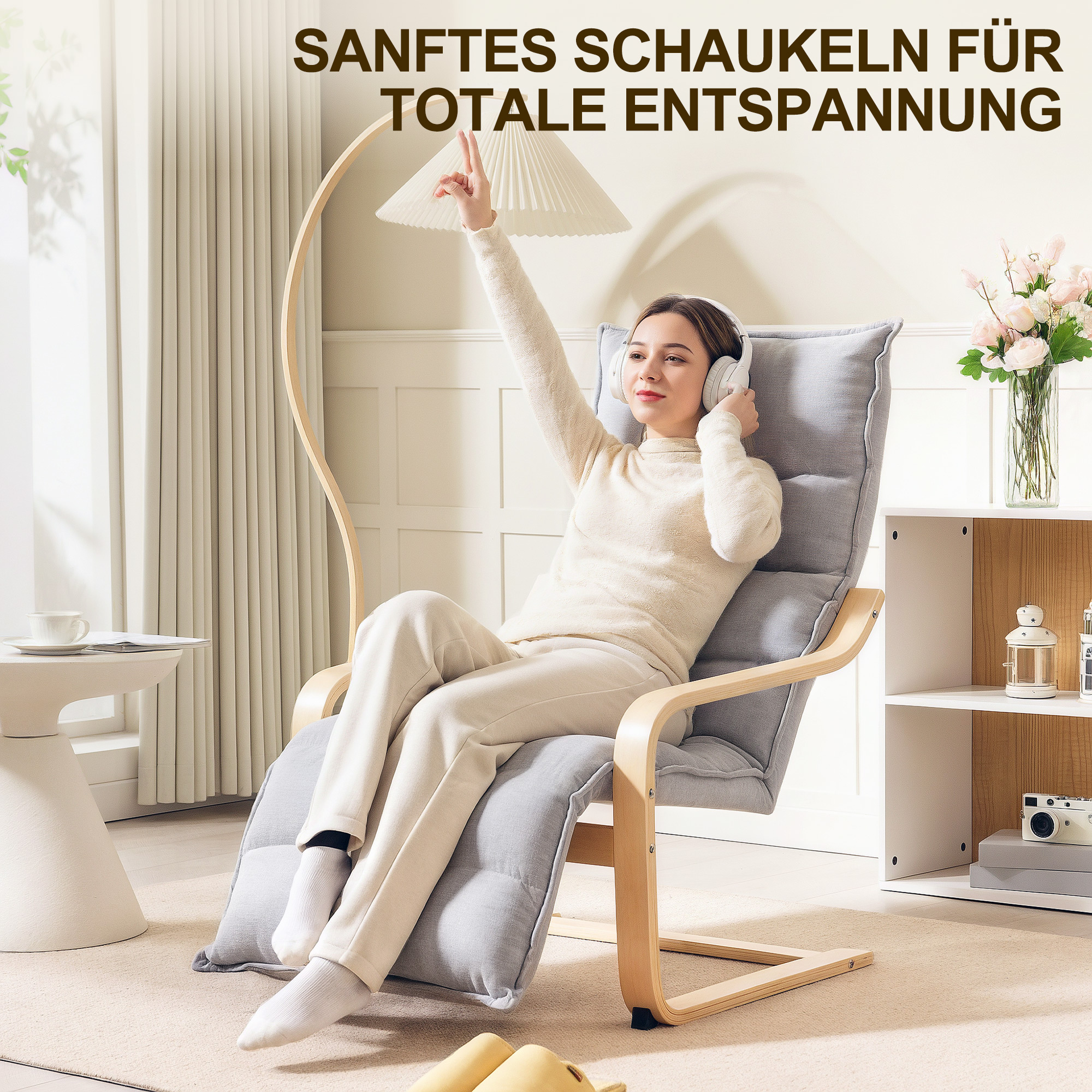 Lounge-Sessel aus Birkenholz, Polstersessel mit verstellbarer Fußstütze, Moderner Armlehnstuhl, Hellgrau