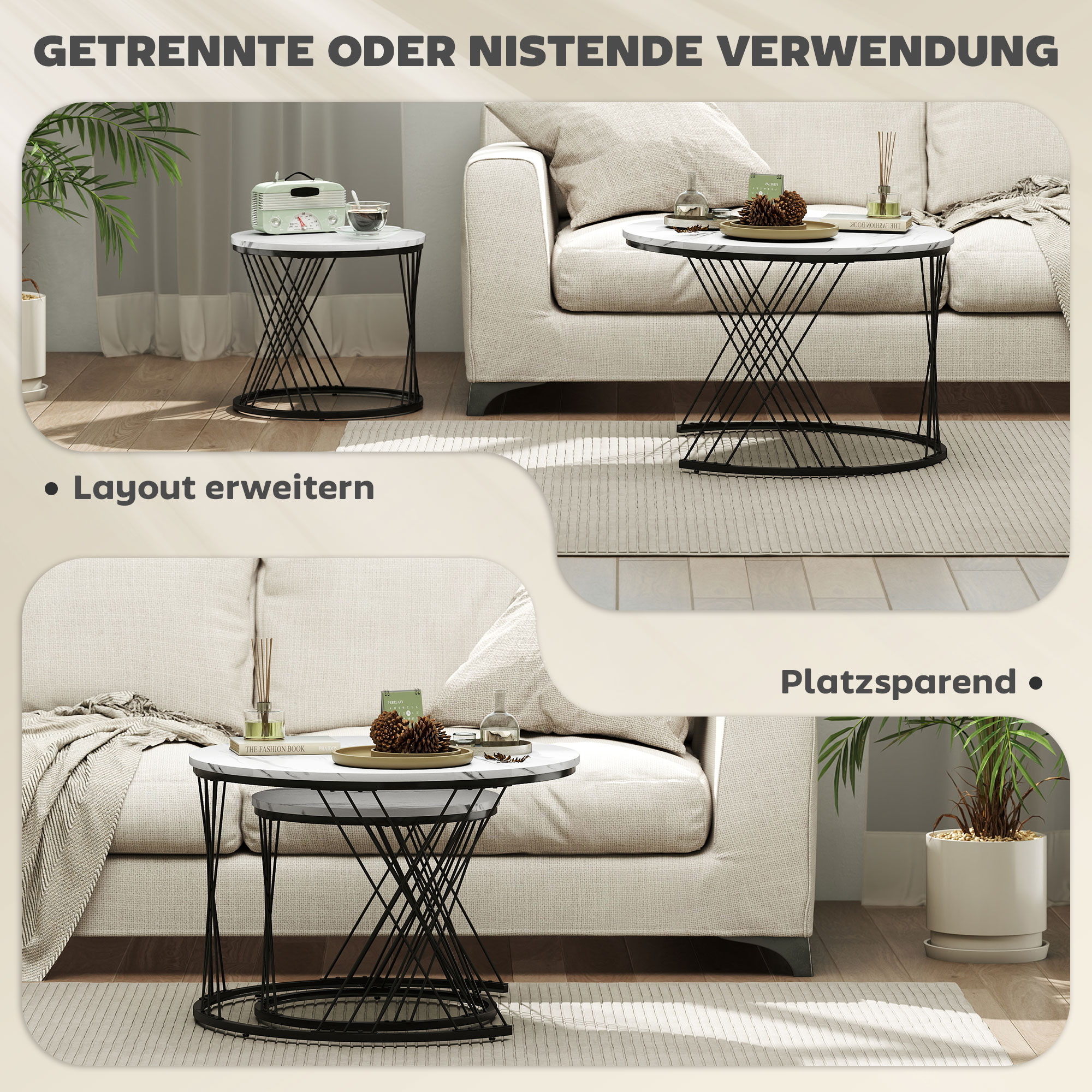 Couchtische im 2er-Set, Marmoroptik, Spanplatte, Metall, runde Kaffeetische für Wohnzimmer, ineinanderstellbar, Weiß
