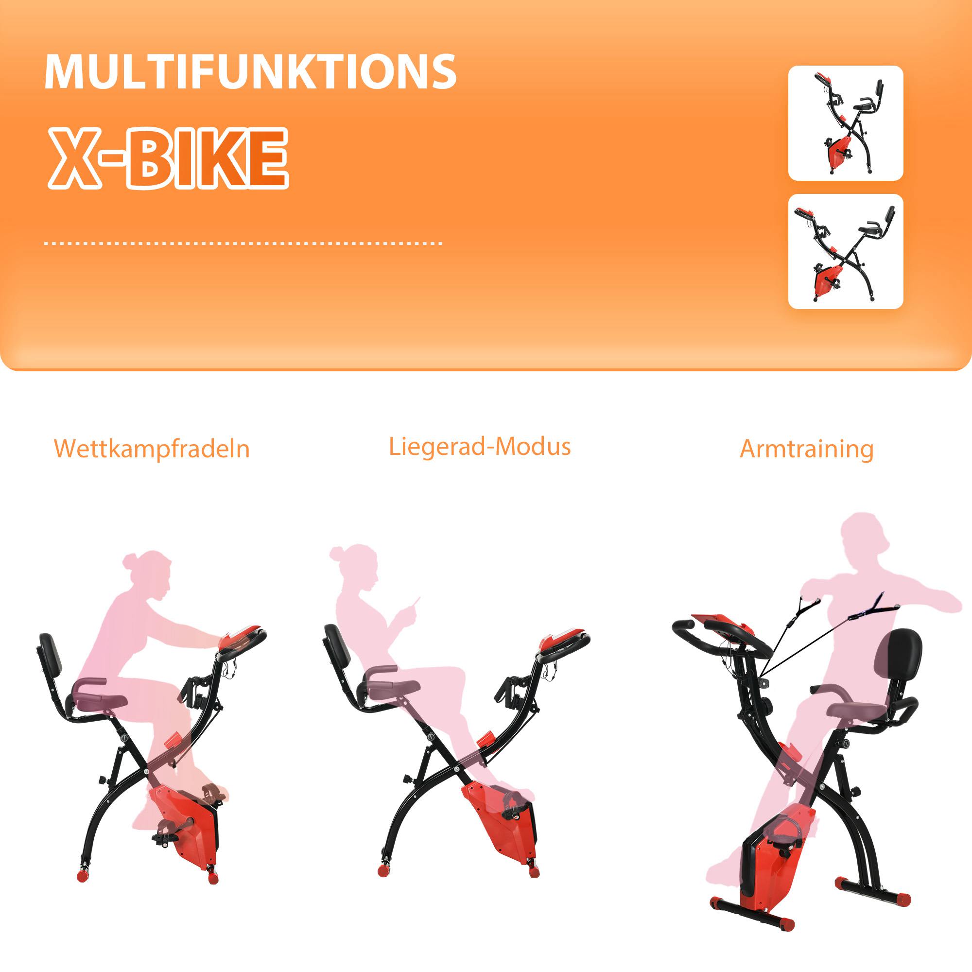 Heimtrainer X-Bike 2-in-1 Fahrradtrainer mit LCD-Display,Pulsmesser, klappbarer Hometrainer Trimmrad mit 8 stufig Magnetwiderstand, 1 Paar Spannseil, Stahl Rot 105x48x118 cm