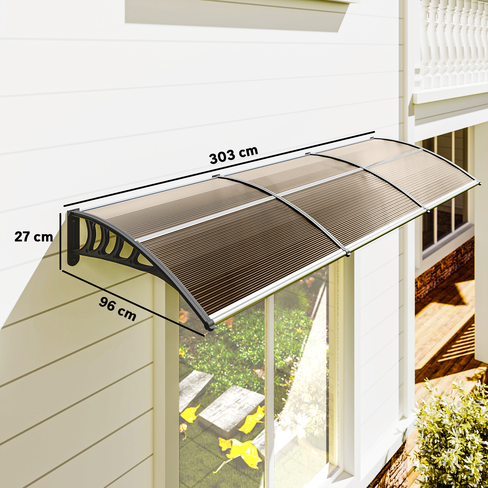 Vordach für Haustür/Fenster, wetterfest, Braun, Aluminium-Verbindungstangen/Polycarbonat, 303x96x27cm, Schwarz