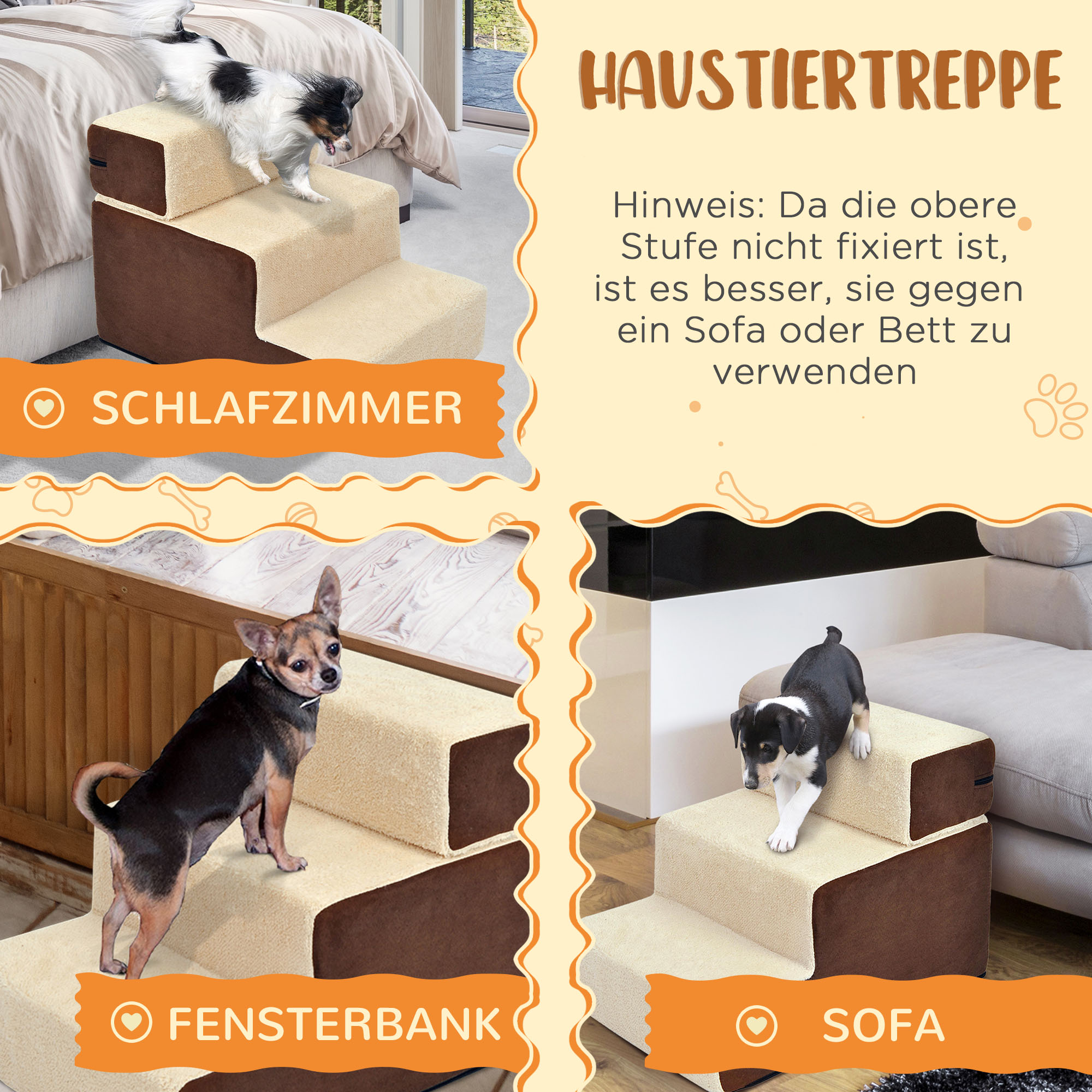 Haustiertreppe Hundetreppe Katzentreppe 3 Stufen für Katzen und Hunde Plüsch Beige 54 x 40 x 39cm