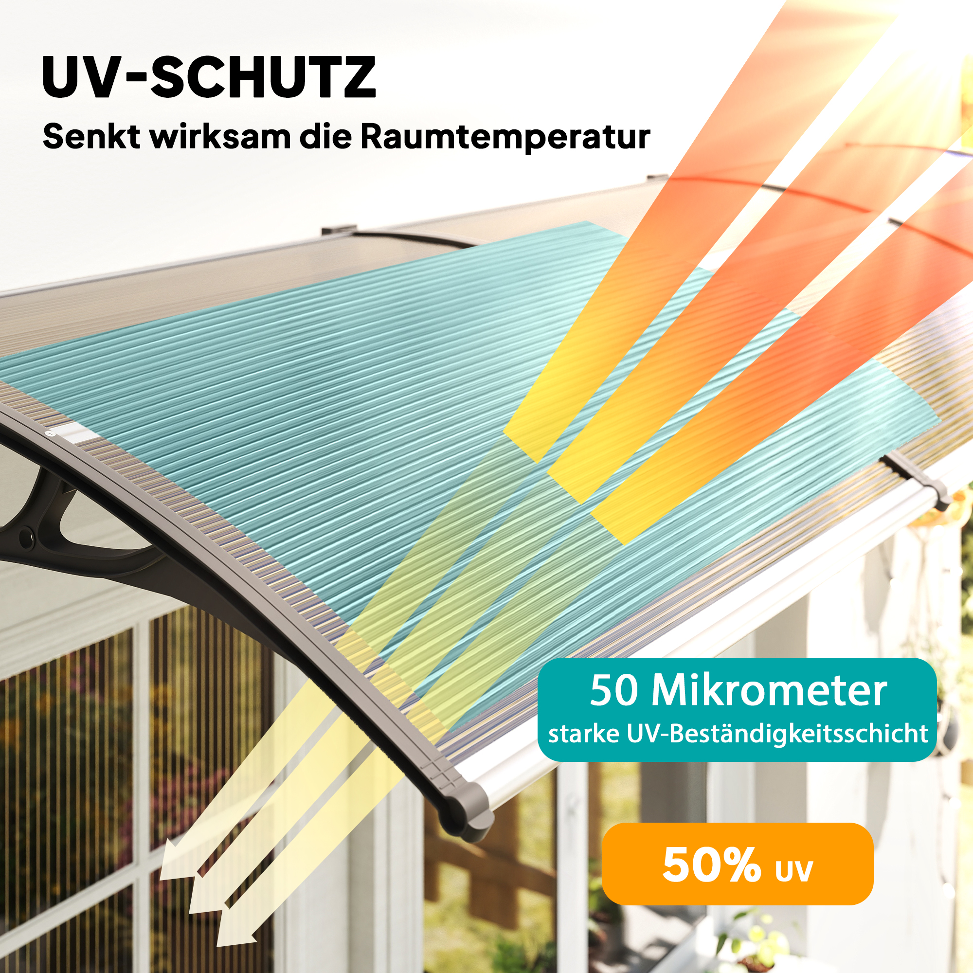 Vordach für Haustür/Fenster, wetterfest, Braun, Aluminium-Verbindungstangen/Polycarbonat, 303x96x27cm, Schwarz