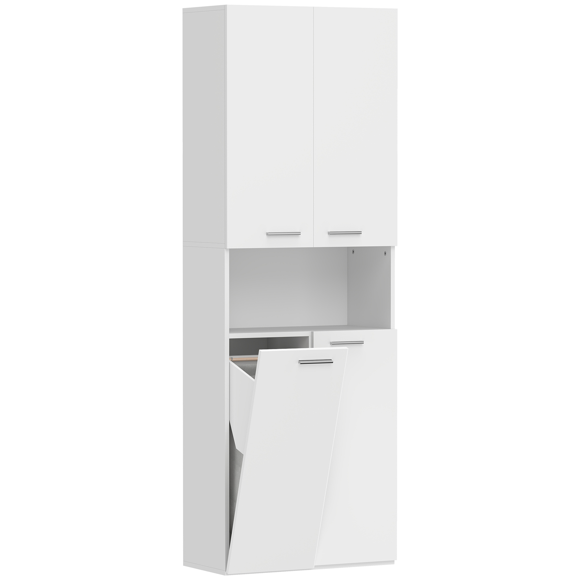174cm hoher Badezimmerschrank mit ausklappbarem Wäschekorb und Soft-Close-Türen, Weiß