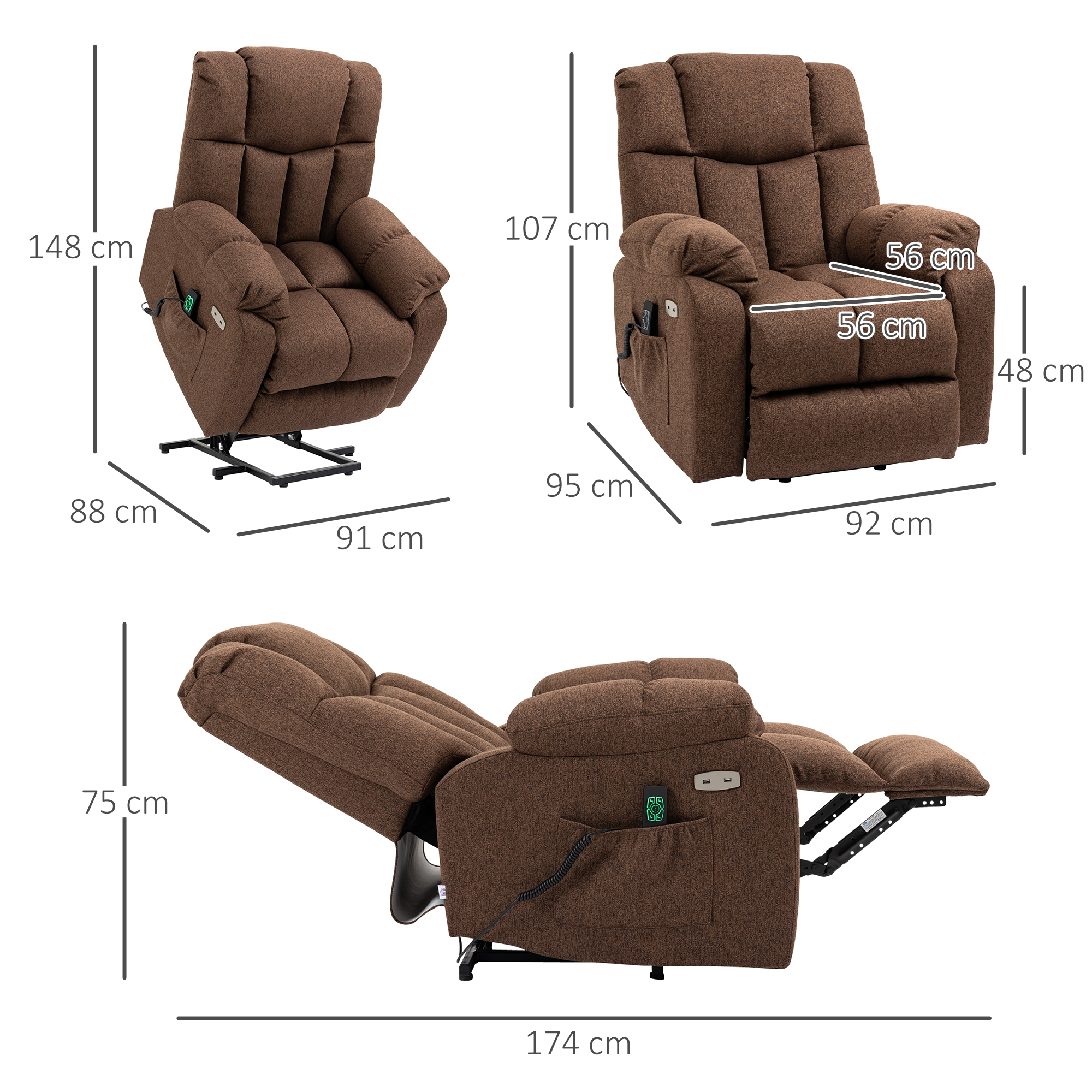 Aufstehsessel mit Liegefunktion und Fernbedienung 92 x 95 x 107 cm, Braun