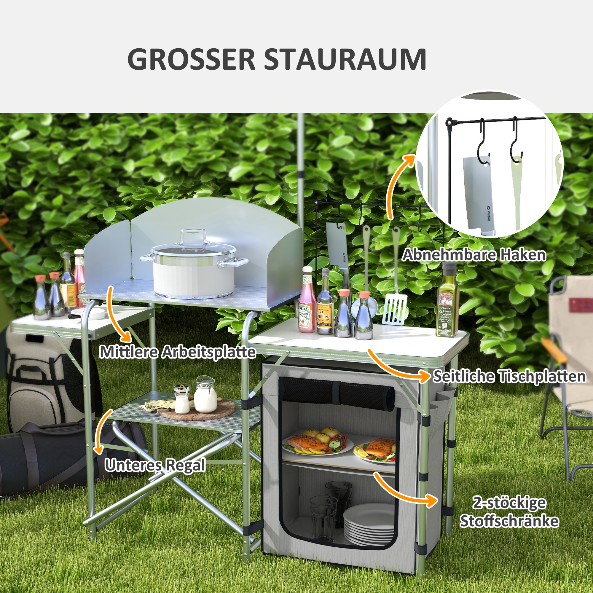 Campingküche, faltbar, 3 Arbeitsplatten, Windschutz, Stoffschrank, 144x48x119cm, Silber