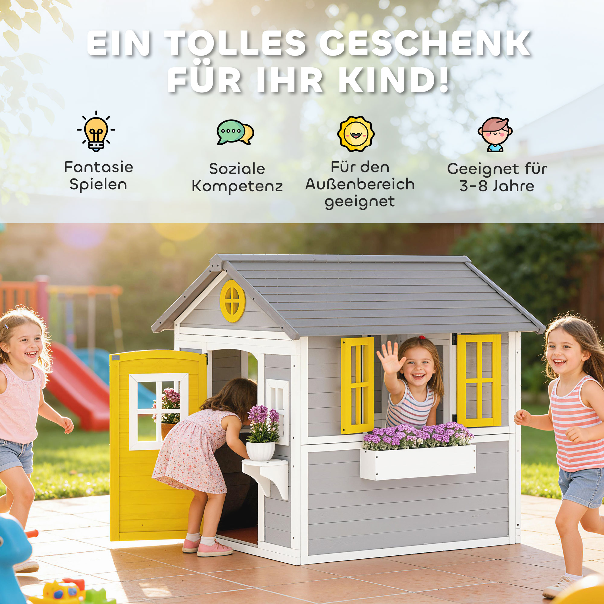 Spielhaus Wetterfestes Kinderspielhaus aus Holz mit Tür 6 Fenster 2 Blumenkästen 2 Blumenständern für 3-8 Jahre Grau