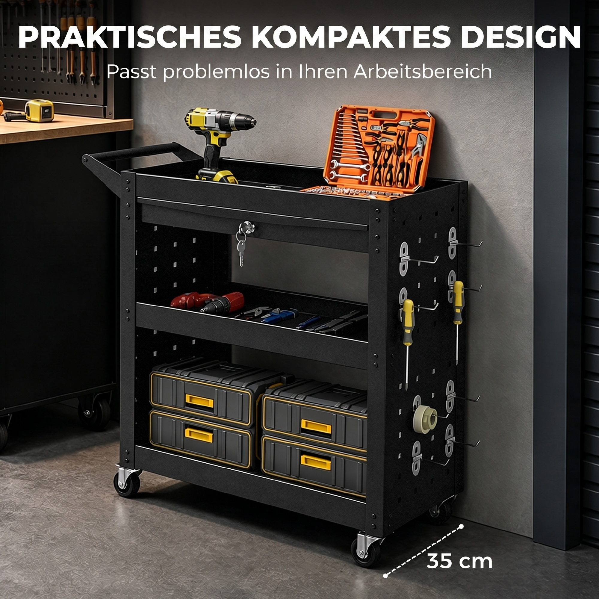 Werkzeugwagen mit abschließbaren Rollen, rollender Werkstattwagen mit 3 Ebenen, Schublade und Lochplatten, Schwarz