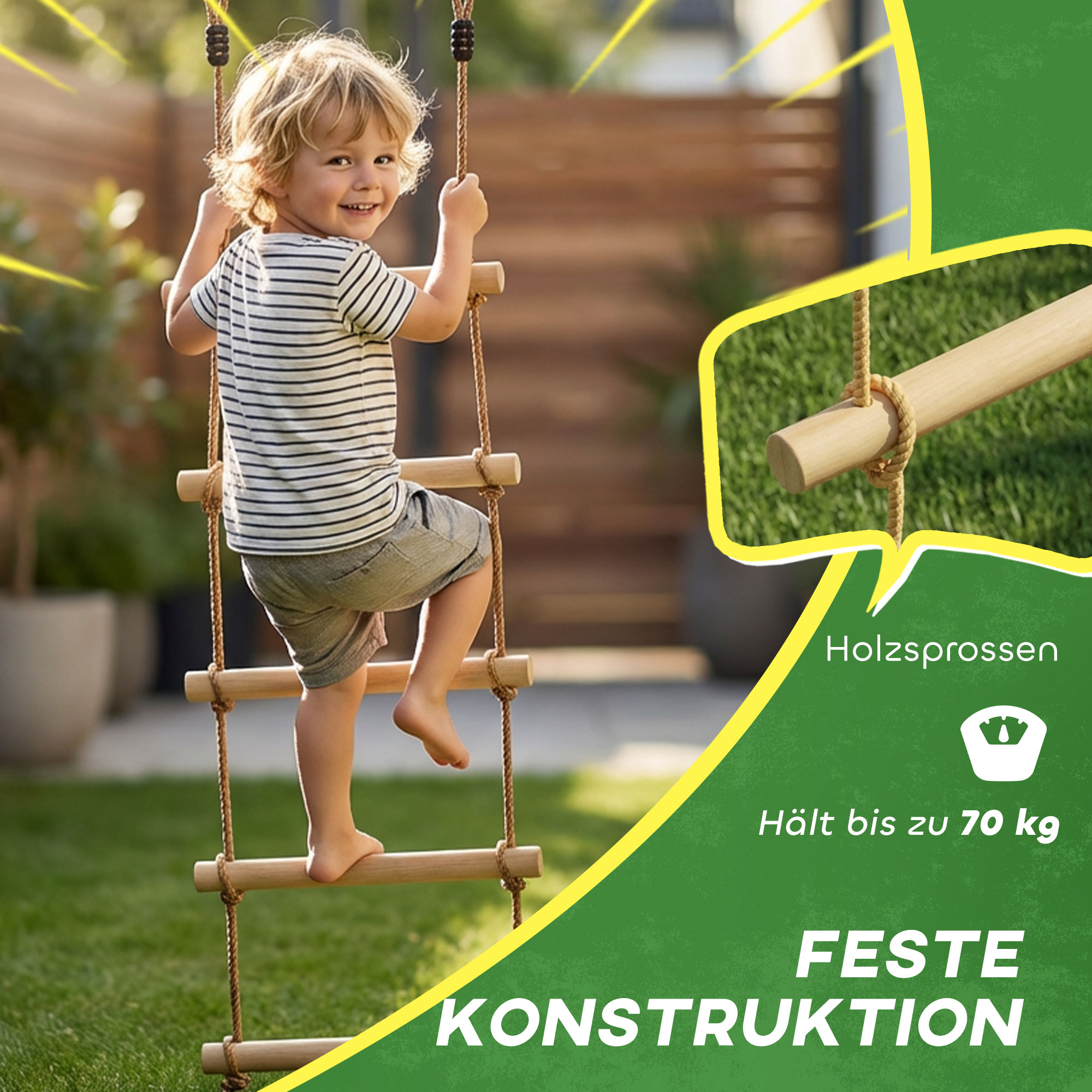 Strickleiter für Kinder 5-stufige Kletterleiter mit 2 Karabinern 2 Baumgurten für 3-8 Jahre 40 x 3,5 x 180 cm Naturholz