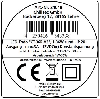 LED-Trafo "CT-36E", 1,0-36W, rund / 64mm Ø, 230V auf 12V= Konstantspannung