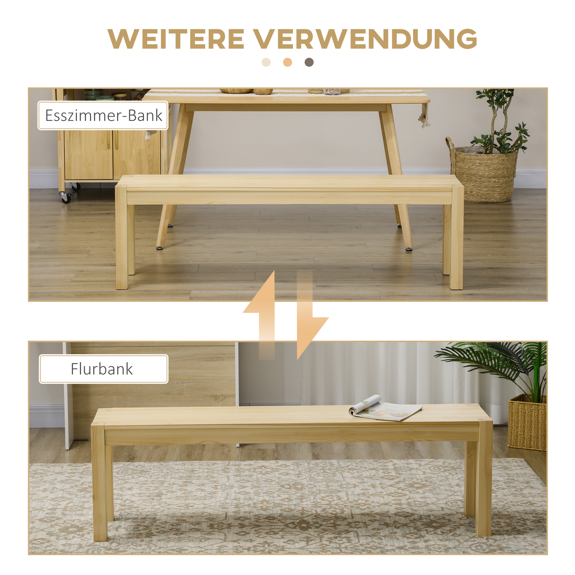 Sitzbank aus Massivholz, 3-Sitzer, Bank, Küchenbank, Kiefernholz, Natur