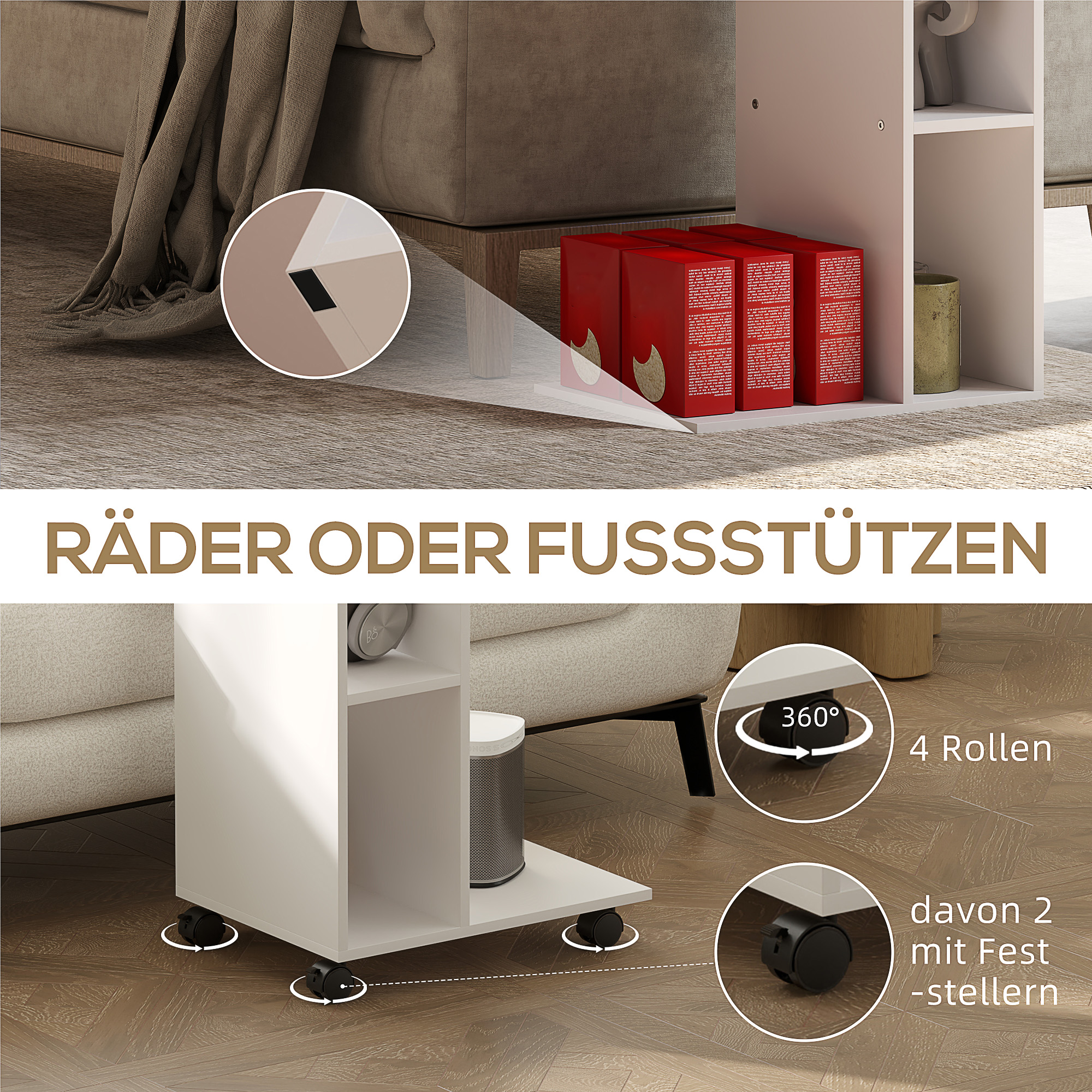 Beistelltisch, C-förmiger Servierwagen, 4 Rollen, 3 Fächer, 40 x 30 x 69 cm, Weiß