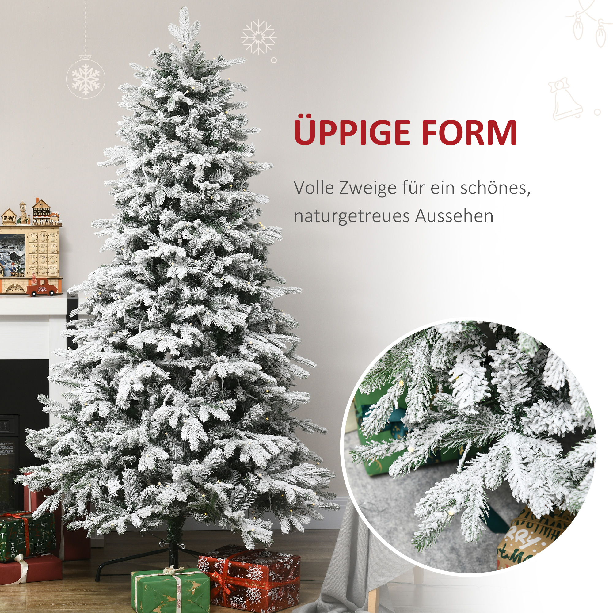 Künstlicher Weihnachtsbaum, Christbaum, inkl. Kunstschnee, LED-Lichter, 180 cm, Grün + Weiß