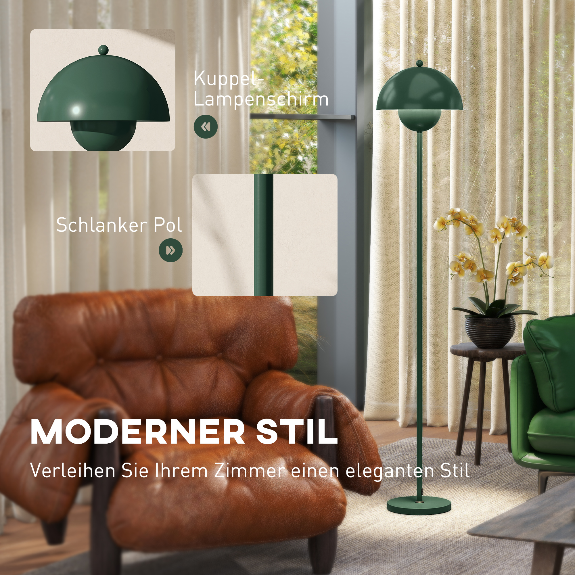 Stehlampe, runder Schirm, Fußschalter, langes Kabel, eleganter Look, Stahl, Grün