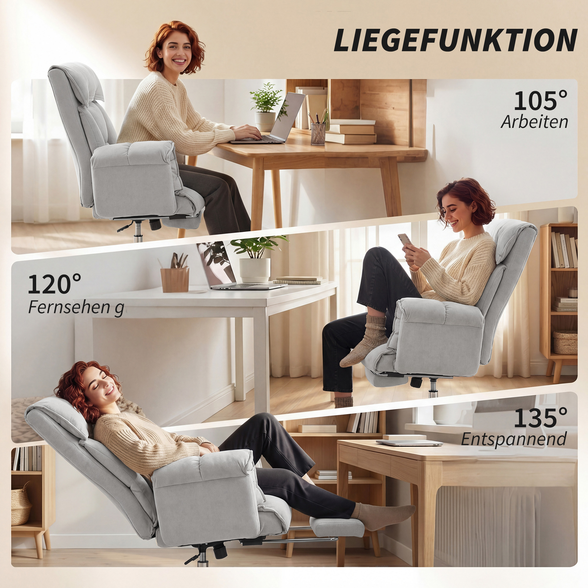 Bürostuhl Neigbar Höhenverstellbar Schreibtischstuhl mit Armlehne Fußstütze hoher Rückenlehne 75 x 77 x 110-118 cm Grau