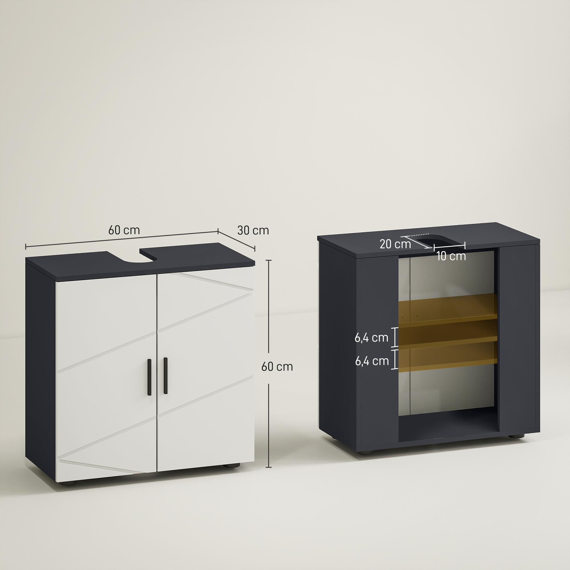 Badezimmerschrank, Badkommode, Waschbecken-Unterschrank, 2 Ebenen, Holz, Hellgrau