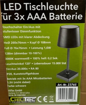 LED Tischleuchte 26cm, Schwarz / 3xAAA Batterie, dimmbar, Licht Warmweiß