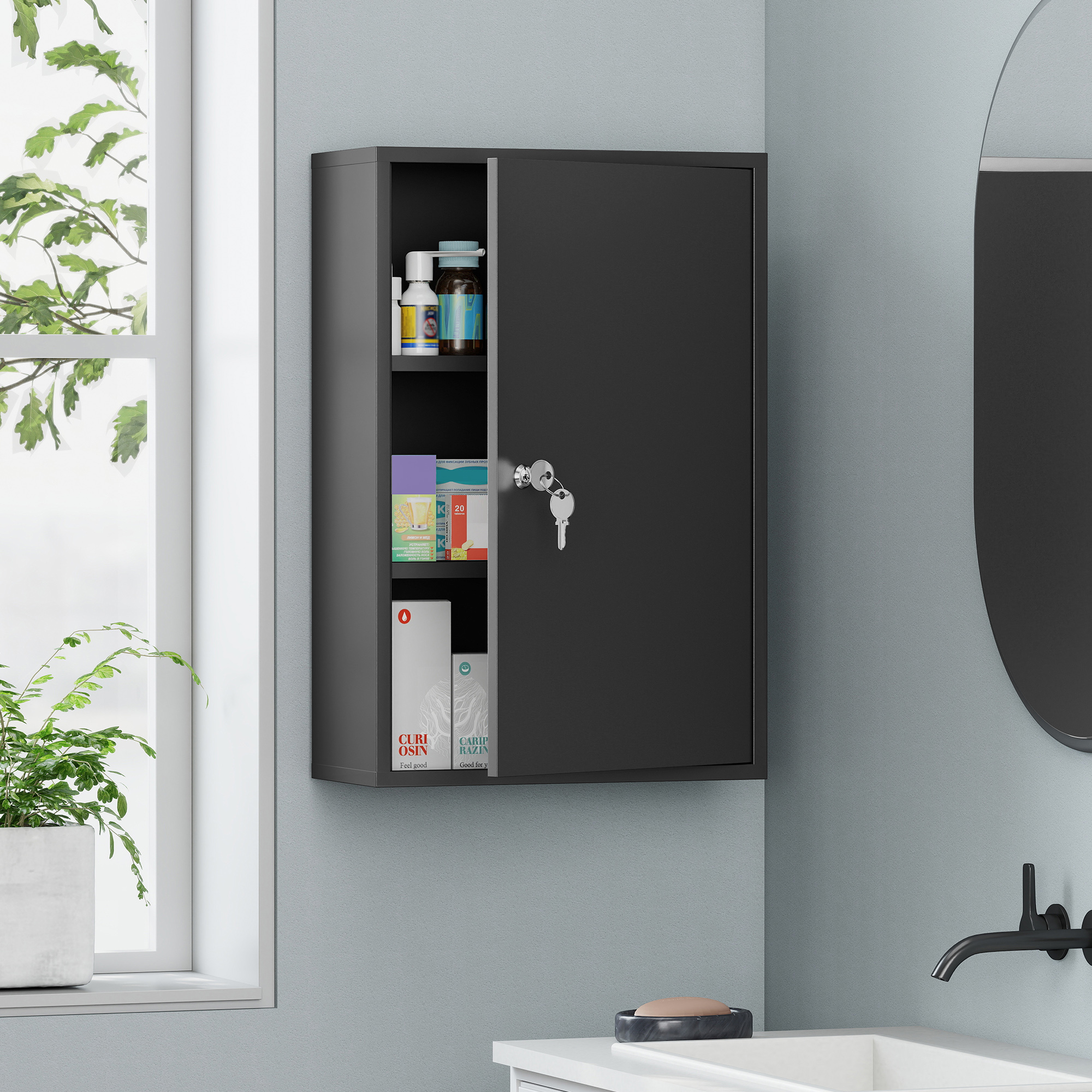 Wand-Medizinschrank, Badezimmerschrank mit 3 Regalböden, 2 Schlüsseln, 40 x 18 x 60 cm, Schwarz