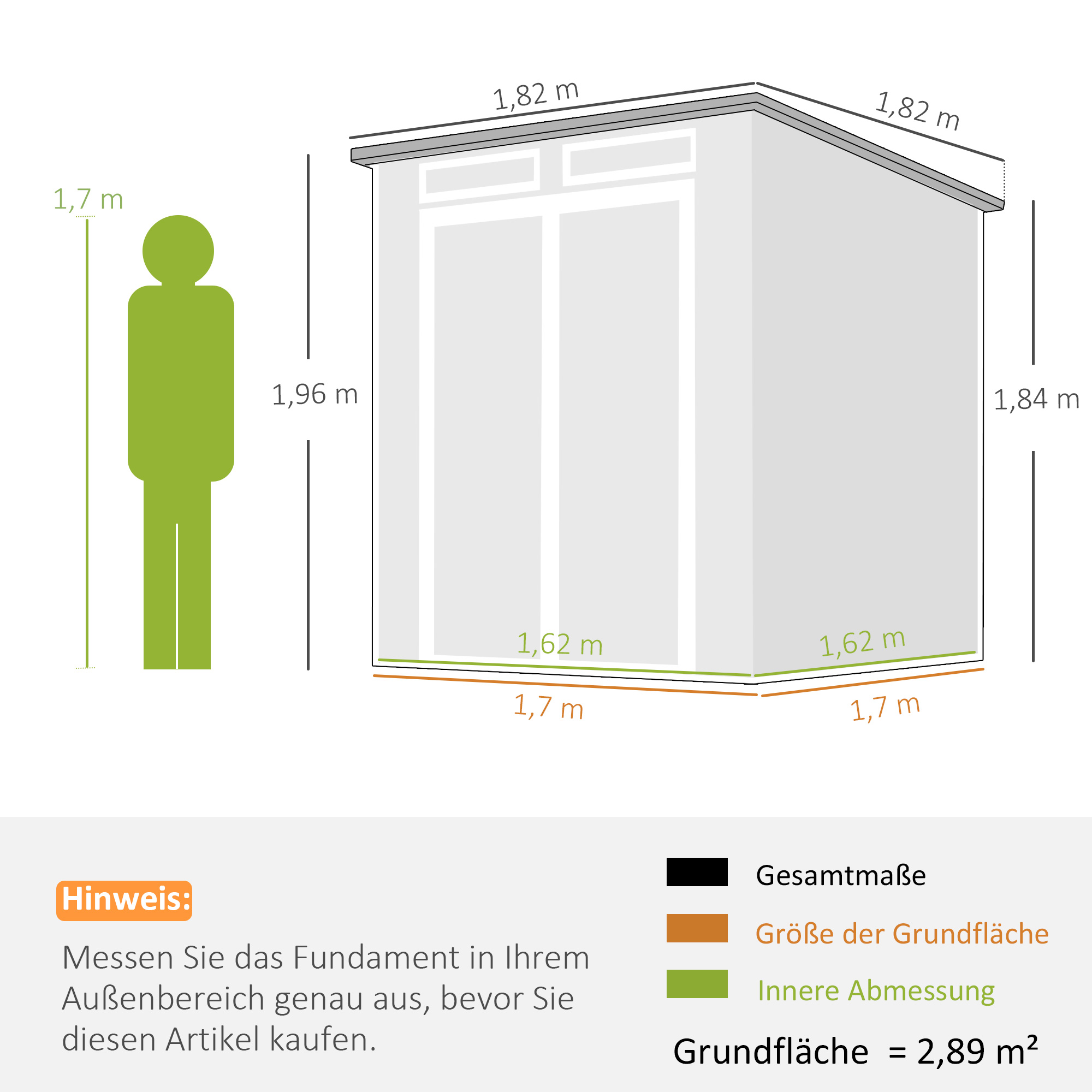 Gerätehaus 2,89 m², Geräteschuppen mit Holzoptik 3 Fenster Doppeltür Belüftung Boden Schloss, 182 x 182 x 196 cm