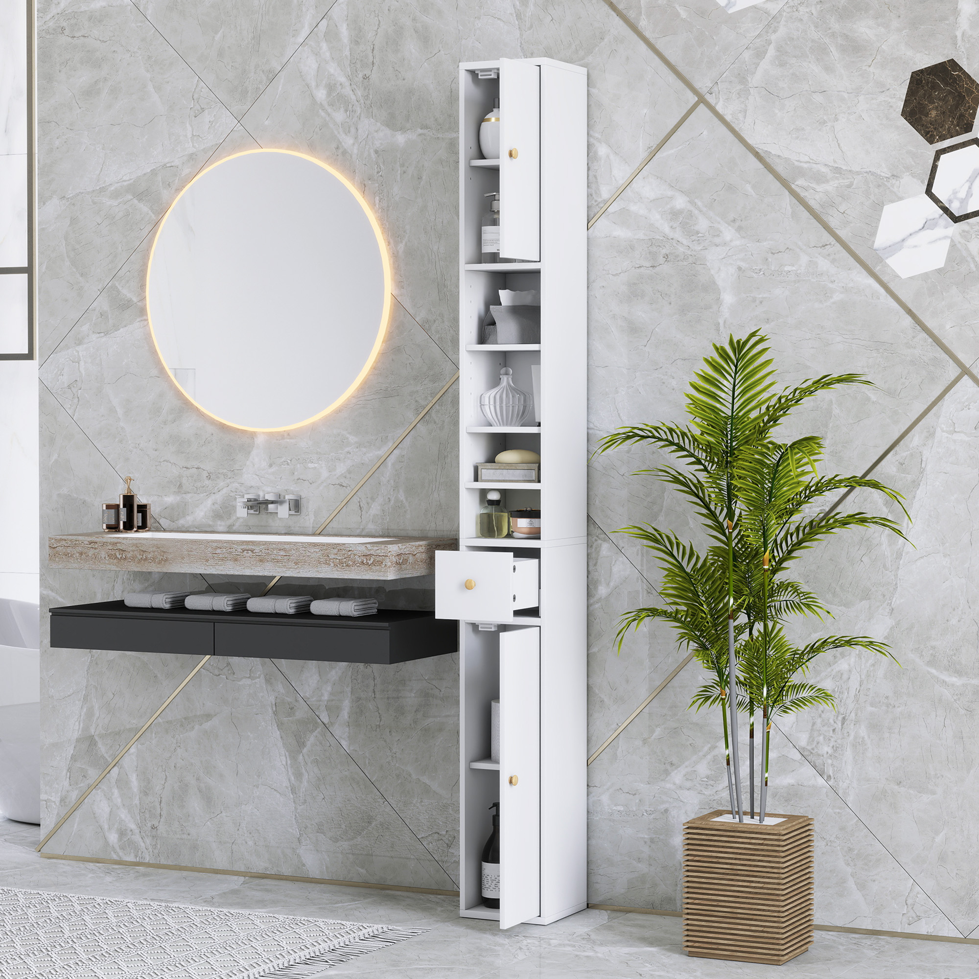 Badezimmerschrank, hoch und schlank, offene und geschlossene Bereiche, Weiß