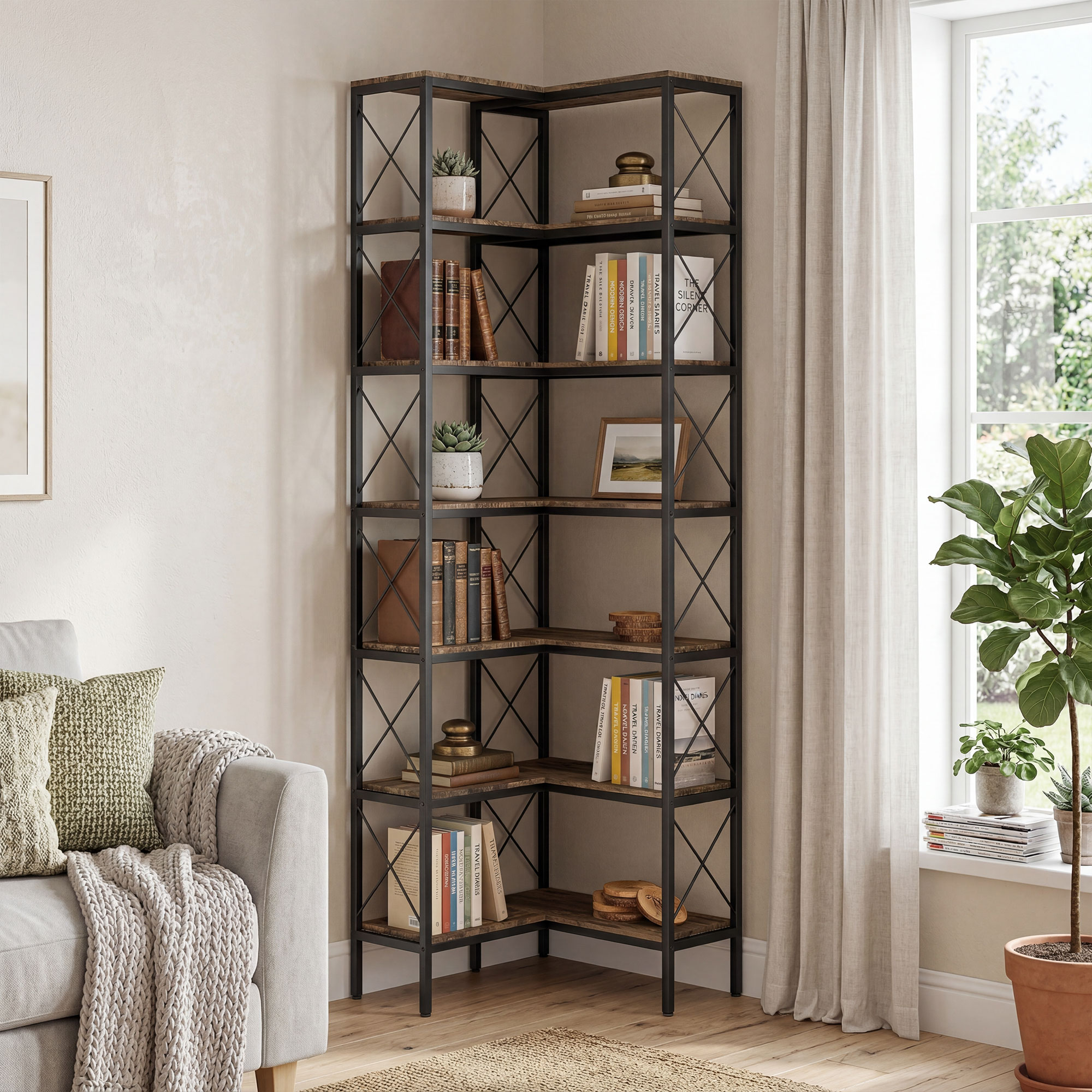 6-stufiges L-förmiges Bücherregal, freistehendes Eckregal mit Metallrahmen, rustikal braun, 60 x 60 x 200 cm