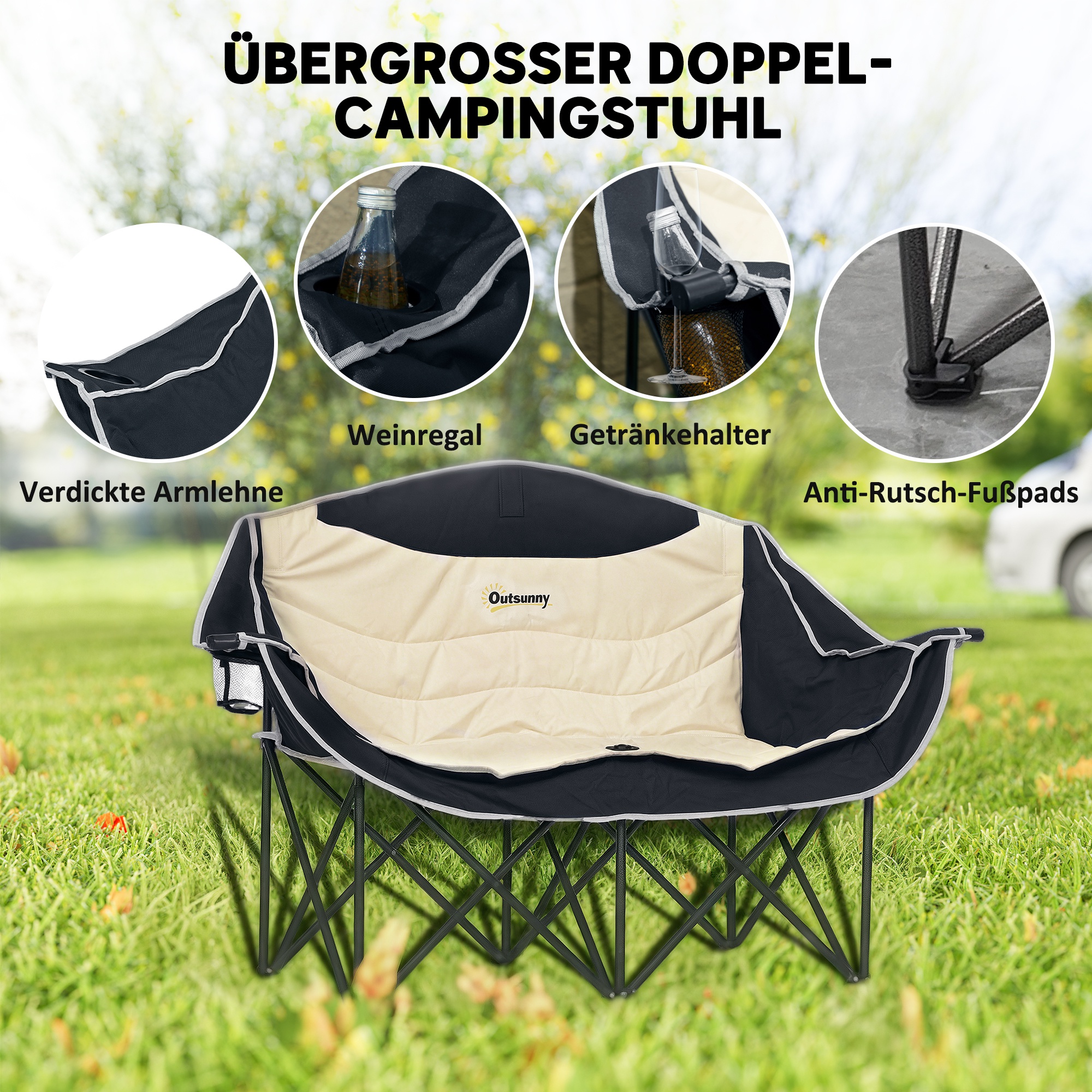 Faltstuhl faltbar 2 Sitzer Campingstuhl mit Getränkehalter Tragetasche bis 250kg belastbar Khaki