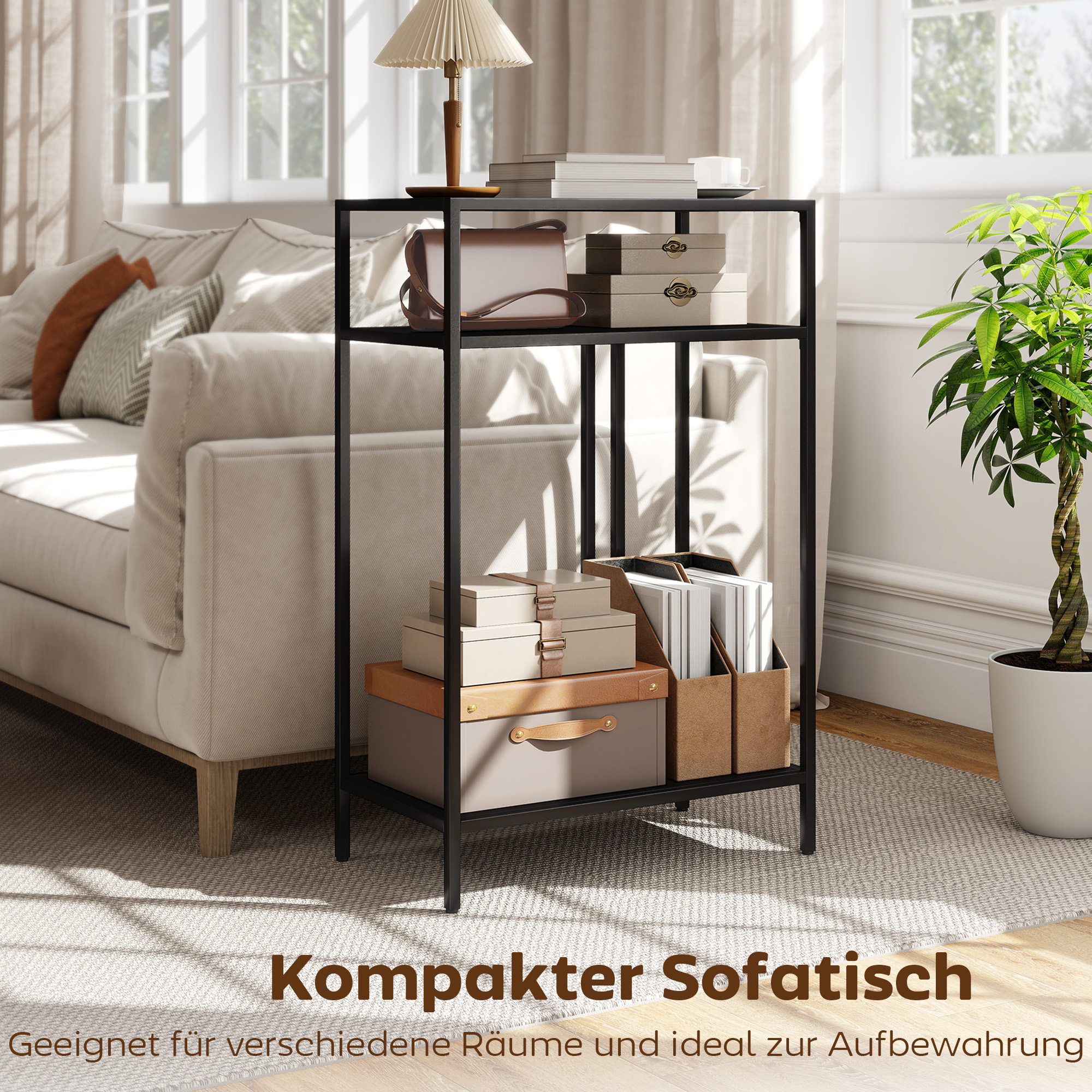 Konsolentisch 3-stufige Ablagen Schmaler Eingangsbereichstisch Stahlrahmen für Wohnzimmer Flur 55 cm Schwarz