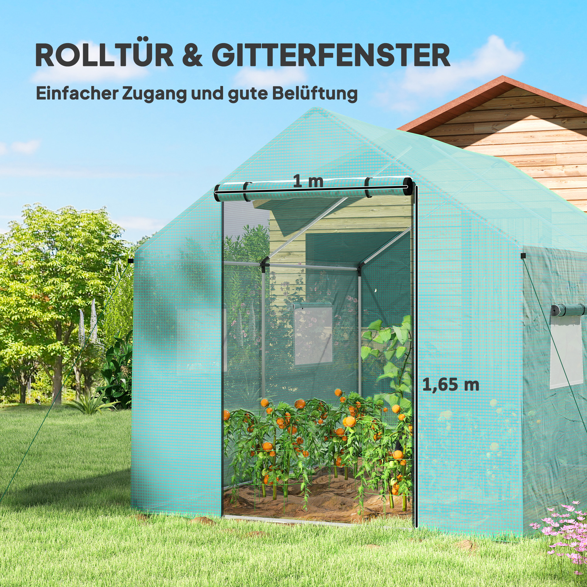 Tunnelgewächshaus, aufrollbare Tür und Fenster, verzinkter Stahlrahmen, 2x3x2m, Grün