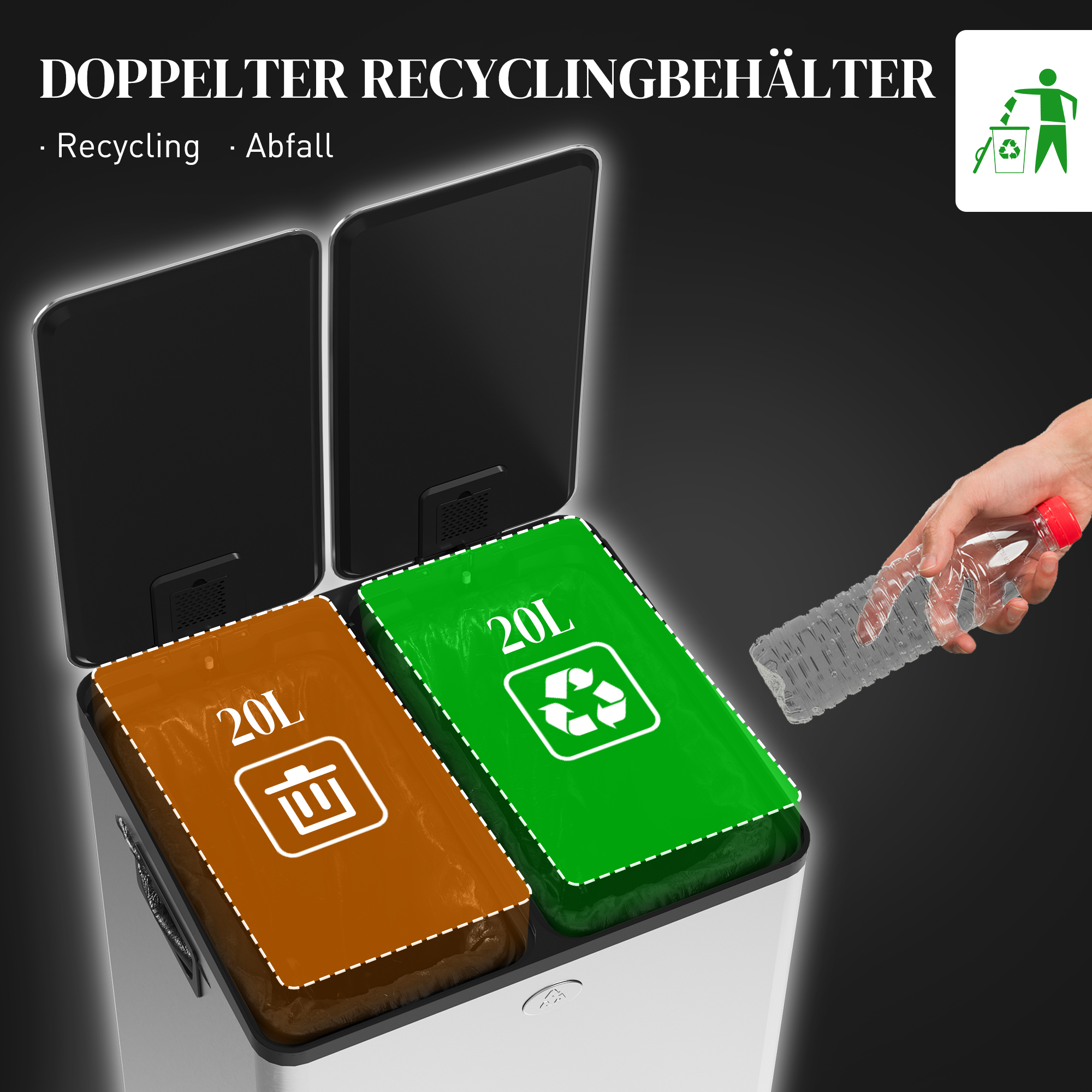 2 x 20 L Doppelmülleimer, Pedalöffnung, leicht zu reinigen, Edelstahl, Kunststoff, Silber