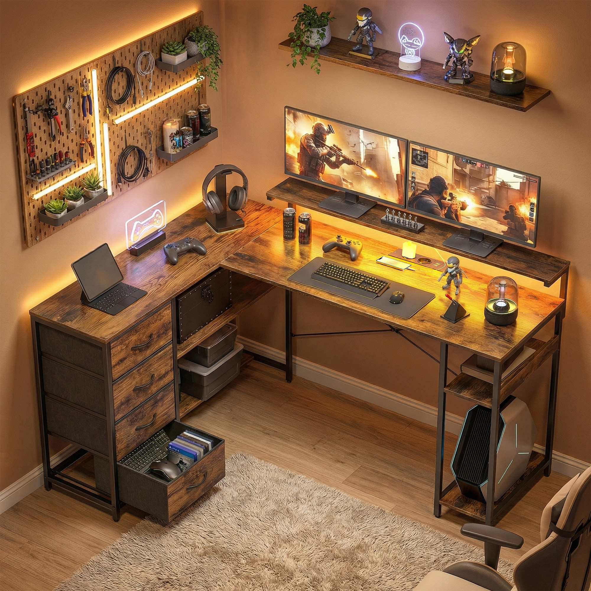 Gaming Tisch L-förmig Schreibtisch mit Stromanschluss LED-Beleuchtung 4 Schubladen Monitorständer 155x110x91,4 cm Braun