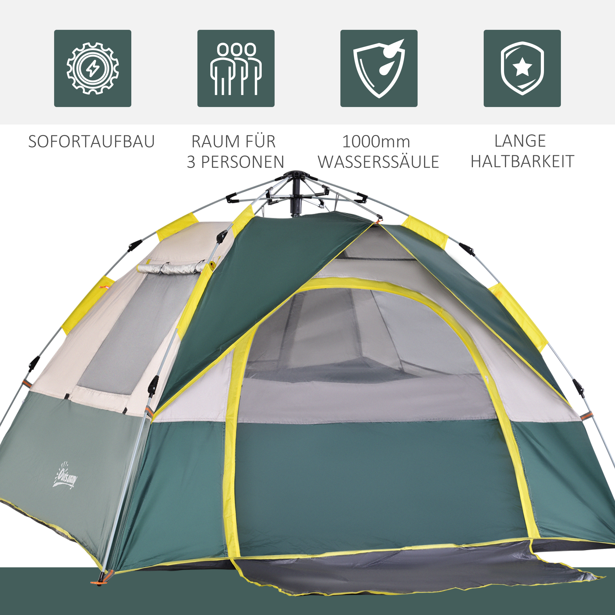 Campingzelt für 3 Personen Pop-up Kuppelzelt mit Fenster, Packtasche, Haken, Bodenplane, Familienzelt mit 1000mm Wassersäule Zelt für Camping Reise Trekking Garten