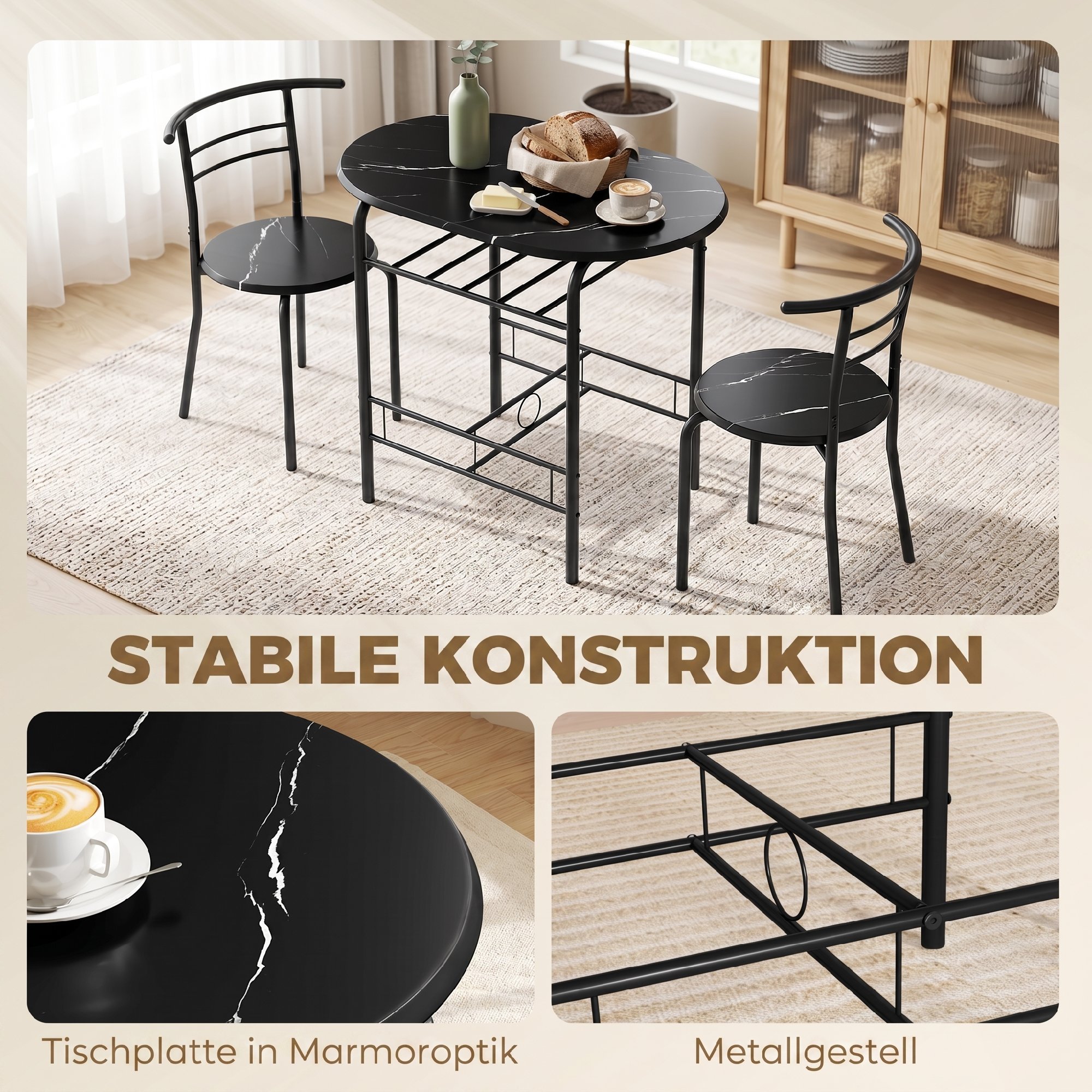 Essgruppe 3-teilig, Küchentisch und Stühle für 2 Personen mit Regal, Wohnzimmer, schwarze Marmor-Optik