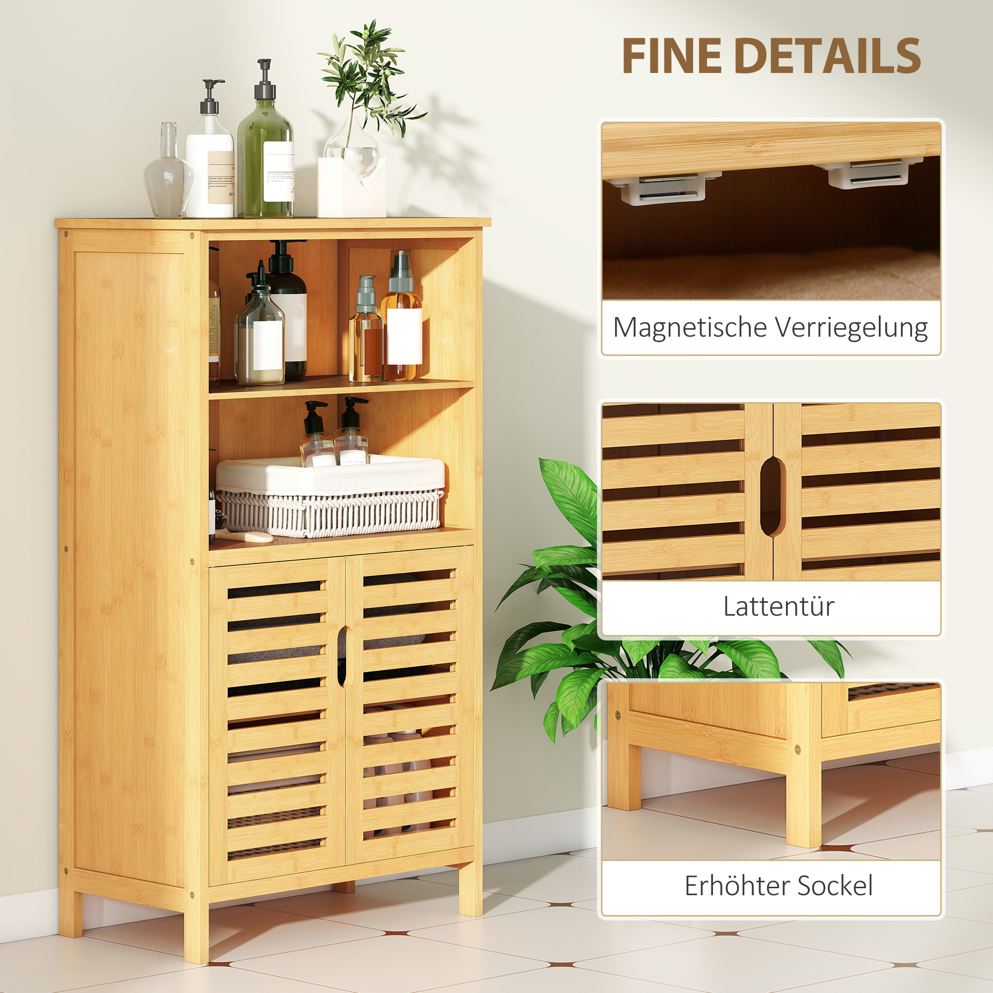 Badezimmerschrank aus Bambus, mit Lamellentüren, 2 Regale, 1 Schrank, 50 cm x 29 cm x 92 cm, Natur