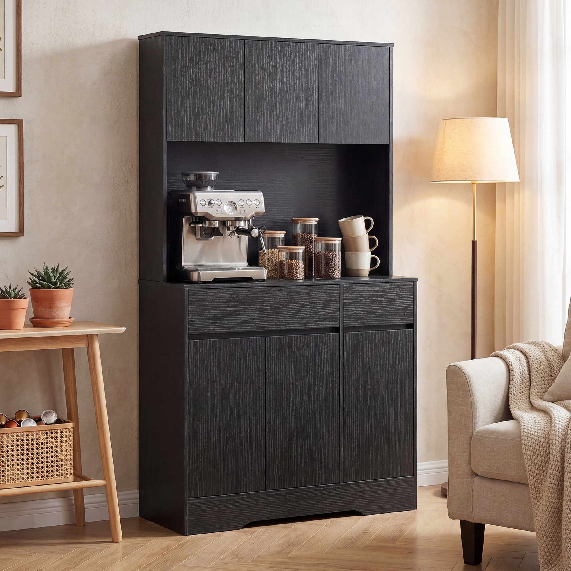 Buffet-Küchenschrank mit Arbeitsplatte, 6 Türen, hoher Stauraumschrank mit Regalen, Schwarz