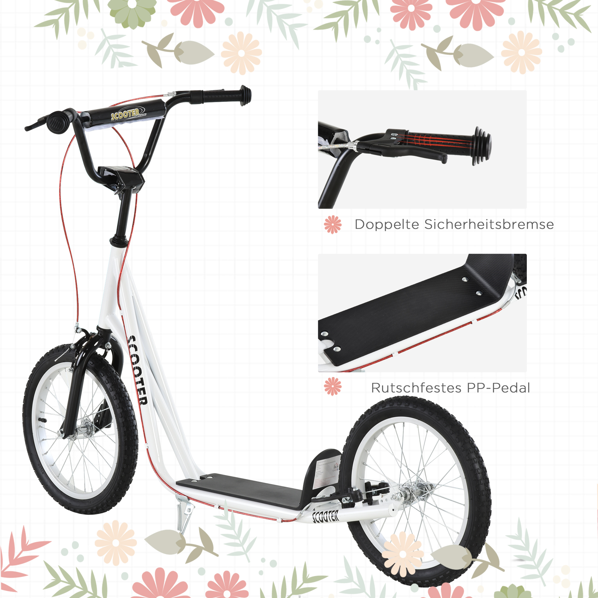 Kinderroller Scooter Tretroller Cityroller Kickscooter Roller Kinder Kickboard mit Luftreifen und Handbremse Scooter Kinder Wasserfest Faltbar ab 5 Jahre 16 Zoll Weiß 139 x 58 x 90-96 cm