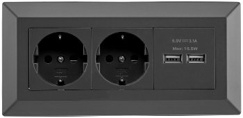 2-fach Steckdosenblock + 2x USB, schwarz / 250V~/ 16A, Aufbaumontage, USB 3,1A