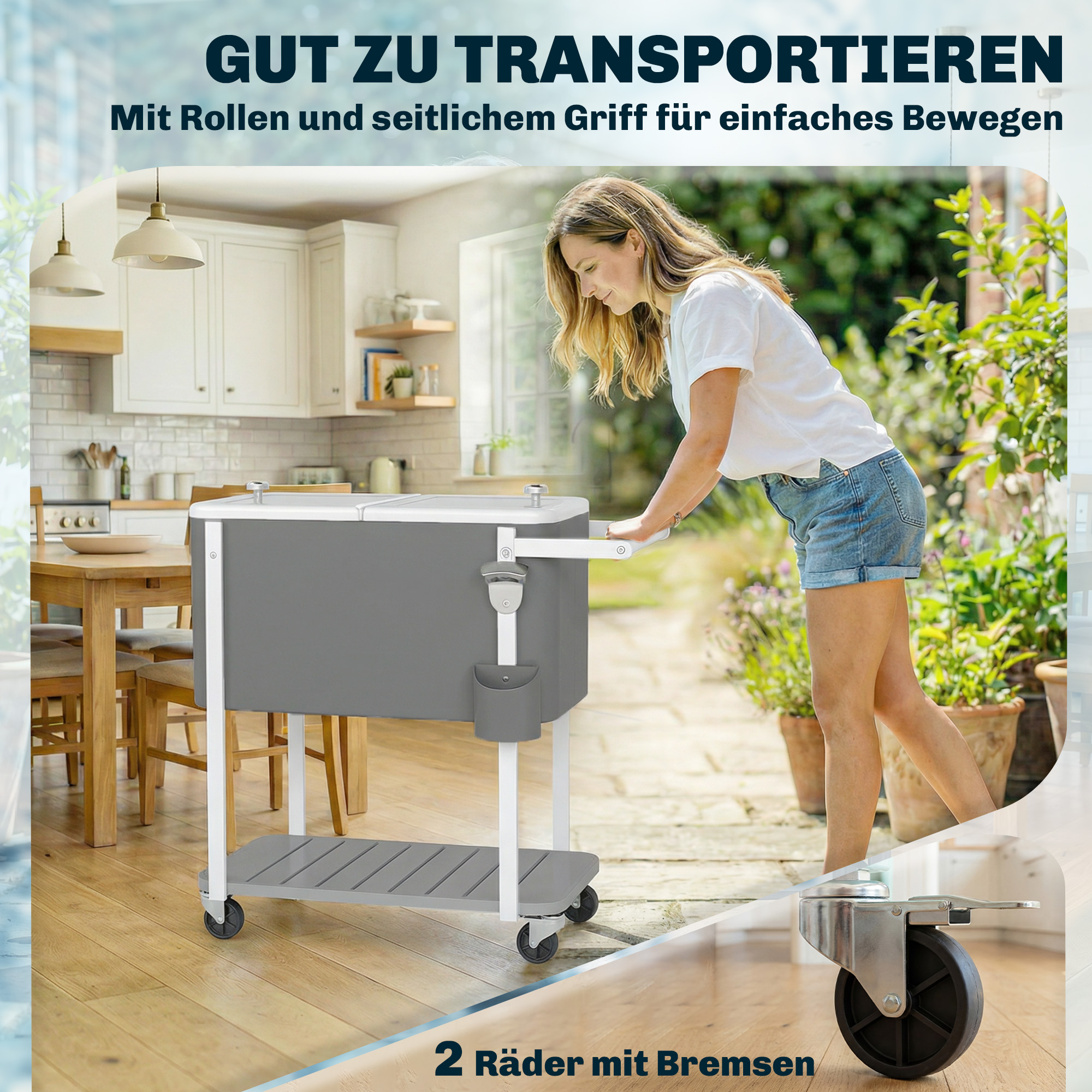 Kühlwagen mit 56L Kapazität Servierwagen mit Rollen, Flaschenöffner, unterer Ablage, Griff mobiler Getränkewagen, Grau