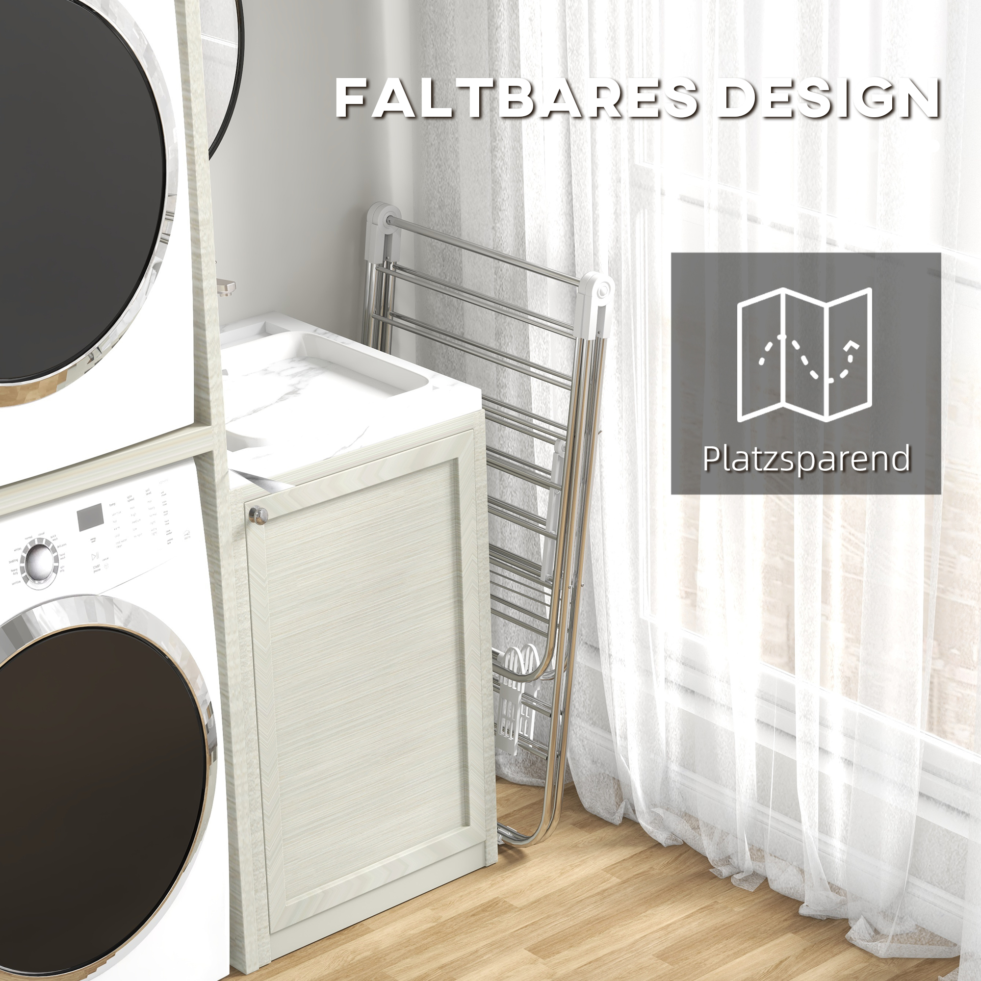 Wäscheständer 1,48 m Trockenlänge tragbar Standtrockner mit Teleskopstangen, Flügelwäscheständer Wäschetrockner für Innen und Außen, Silber+Weiß