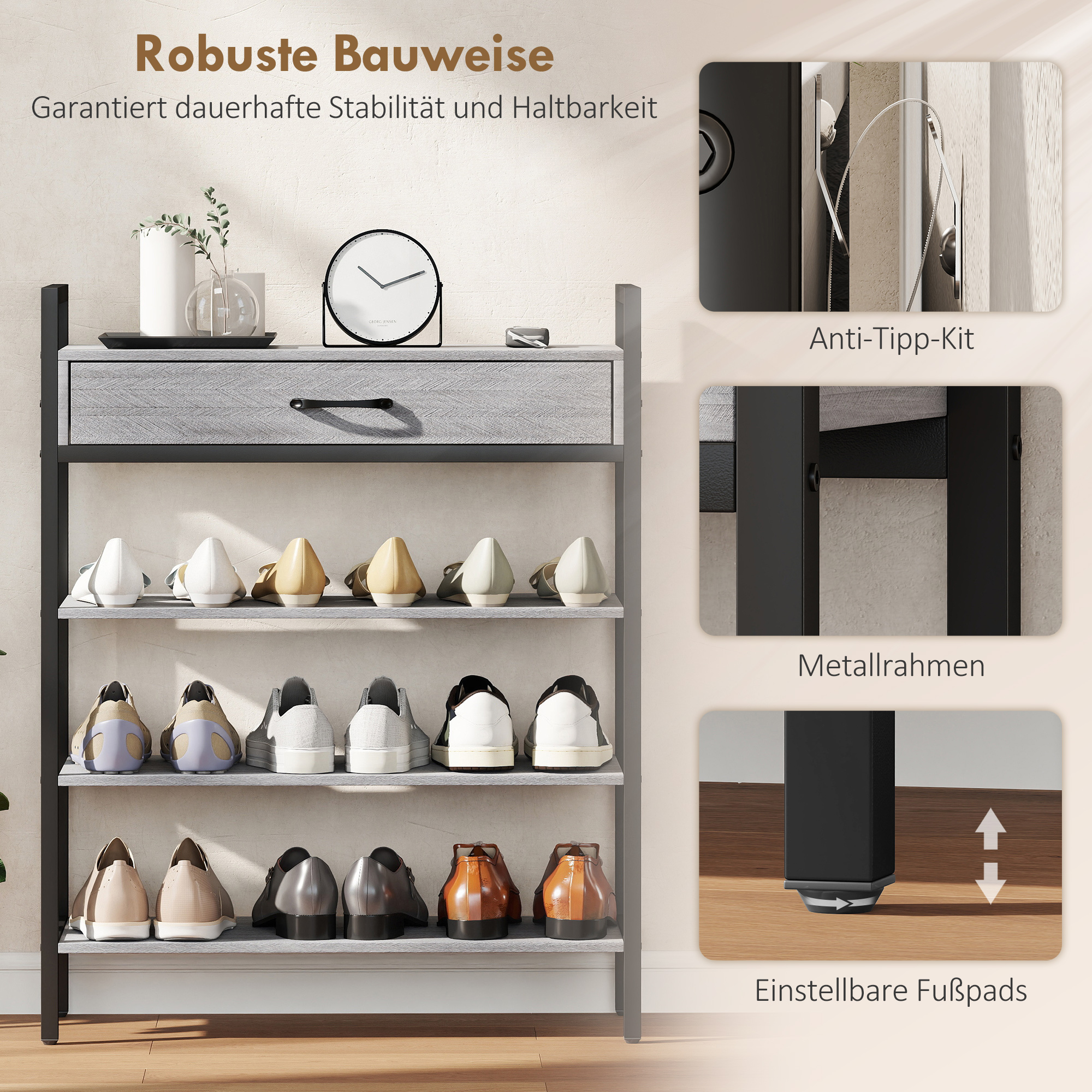 4-stufiges Schuhregal, Flurregal für bis zu 9 Paar Schuhe, Spanplatte, Metall, Grau