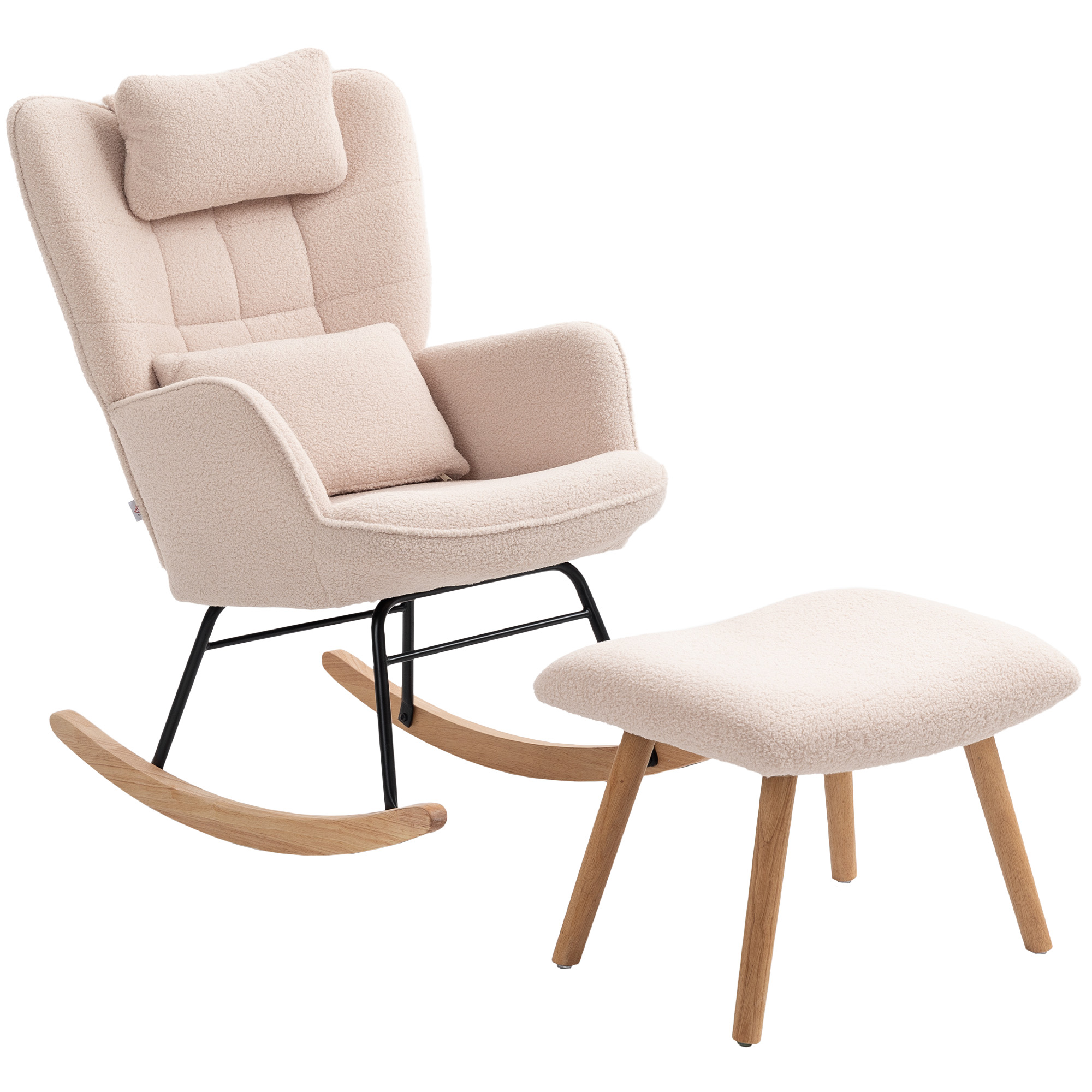 Schaukelstuhl mit Fußhocker, weicher Fleece-Bezug, Holzbeine, Kissen, hohe Rückenlehne, Schaukelsessel, Beige
