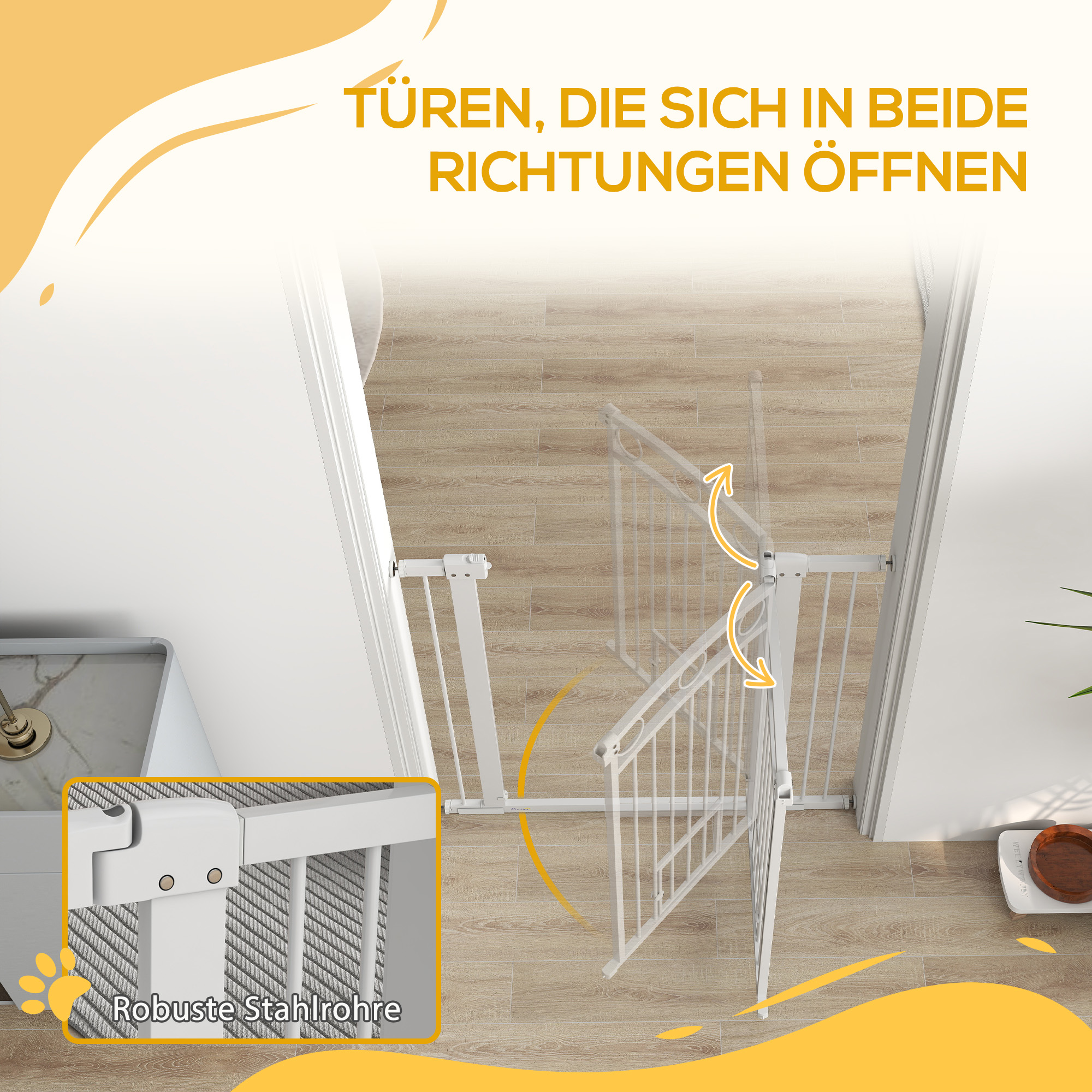 Haustiertor, 96 cm Treppengatter, verstellbare Breite 76-104 cm, mit Katzentür, für Treppen und Türöffnungen, Weiß