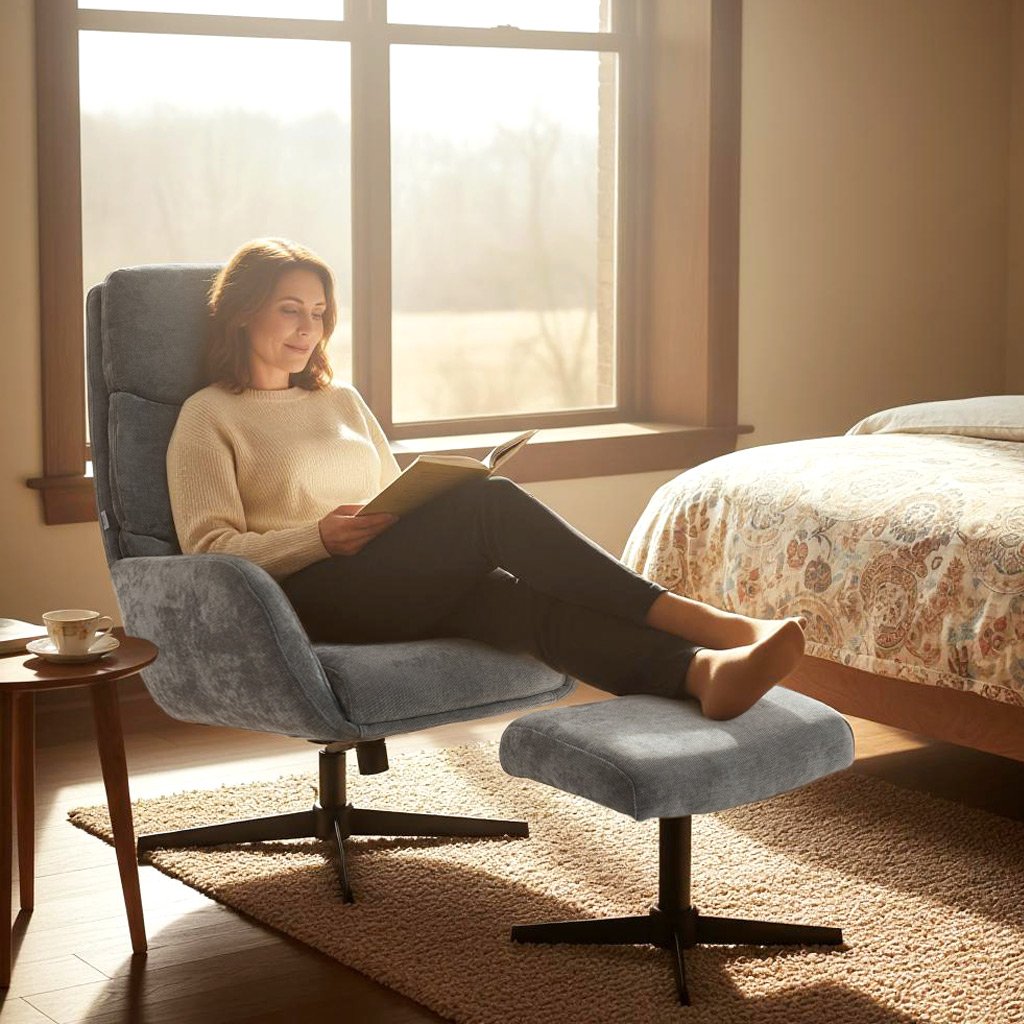 Polstersessel mit Fußhocker, Lounge-Sessel mit hoher Rückenlehne, Metallbasis, für Wohnzimmer, Schlafzimmer, Grau