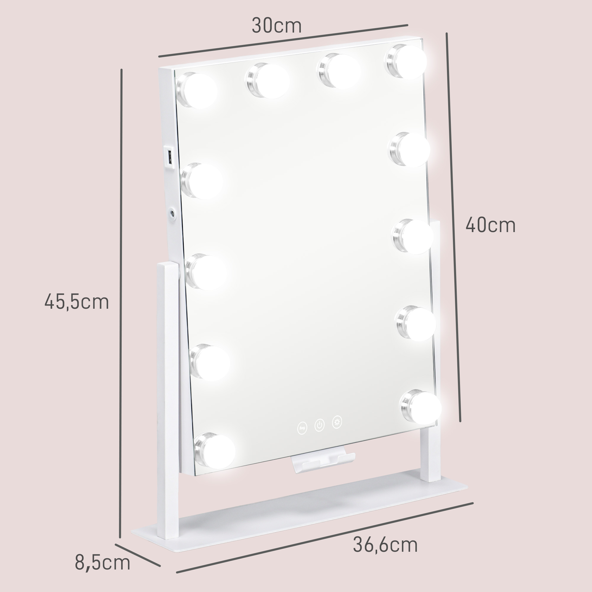 LED Kosmetikspiegel, 3 Lichtmodi, dimmbar, Touchsteuerung, USB, 37x46 cm, Weiß