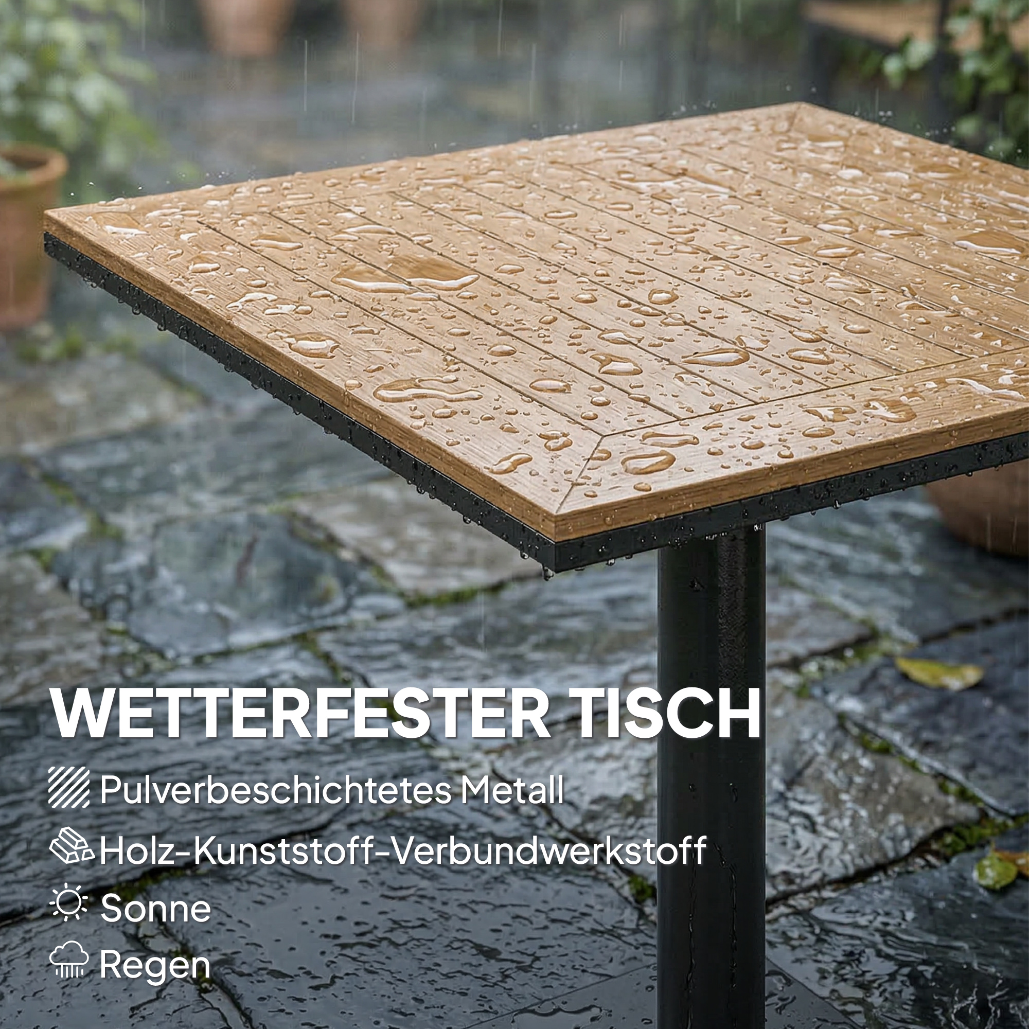 Beistelltisch 70 x 70 cm wetterfest Gartentisch mit Holzoptik Breite Basis, Quadratisch Naturholz